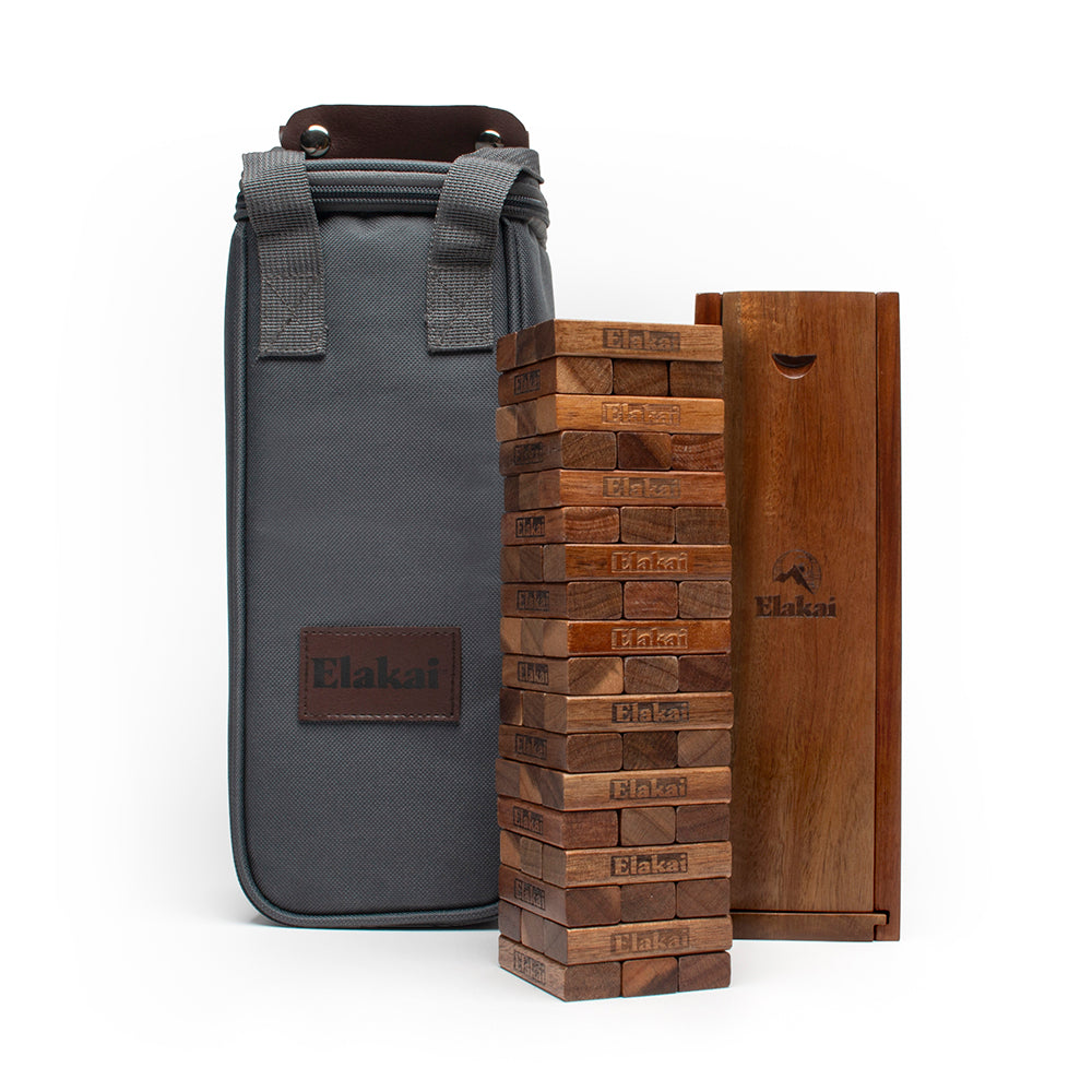 Wooden Jenga game set with gray carrying bag on a white background