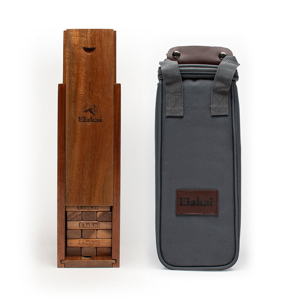 Wooden stand and gray bag with 'Elakat' branding on a white background
