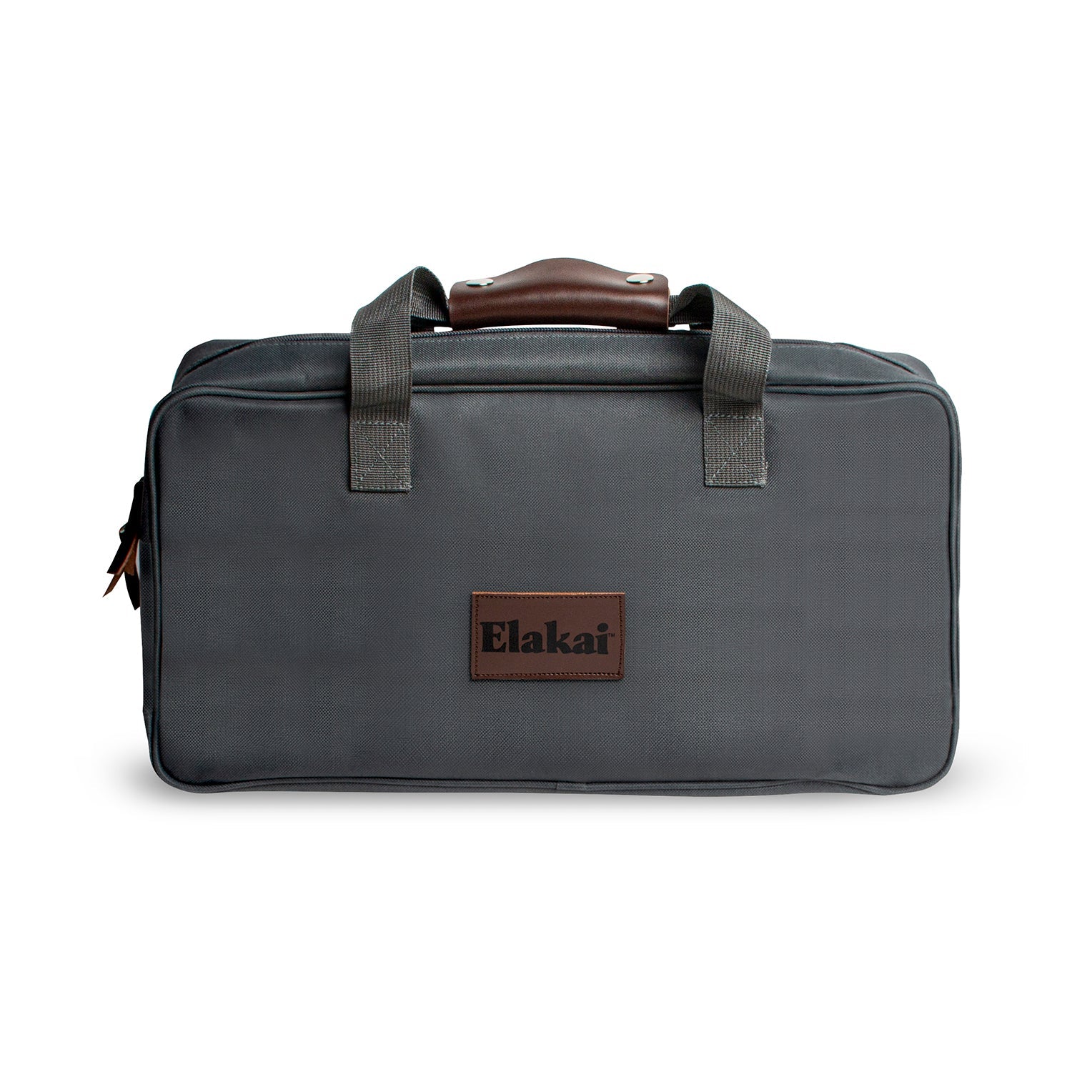 Gray duffel bag with brown handle and Elakai logo on a white background