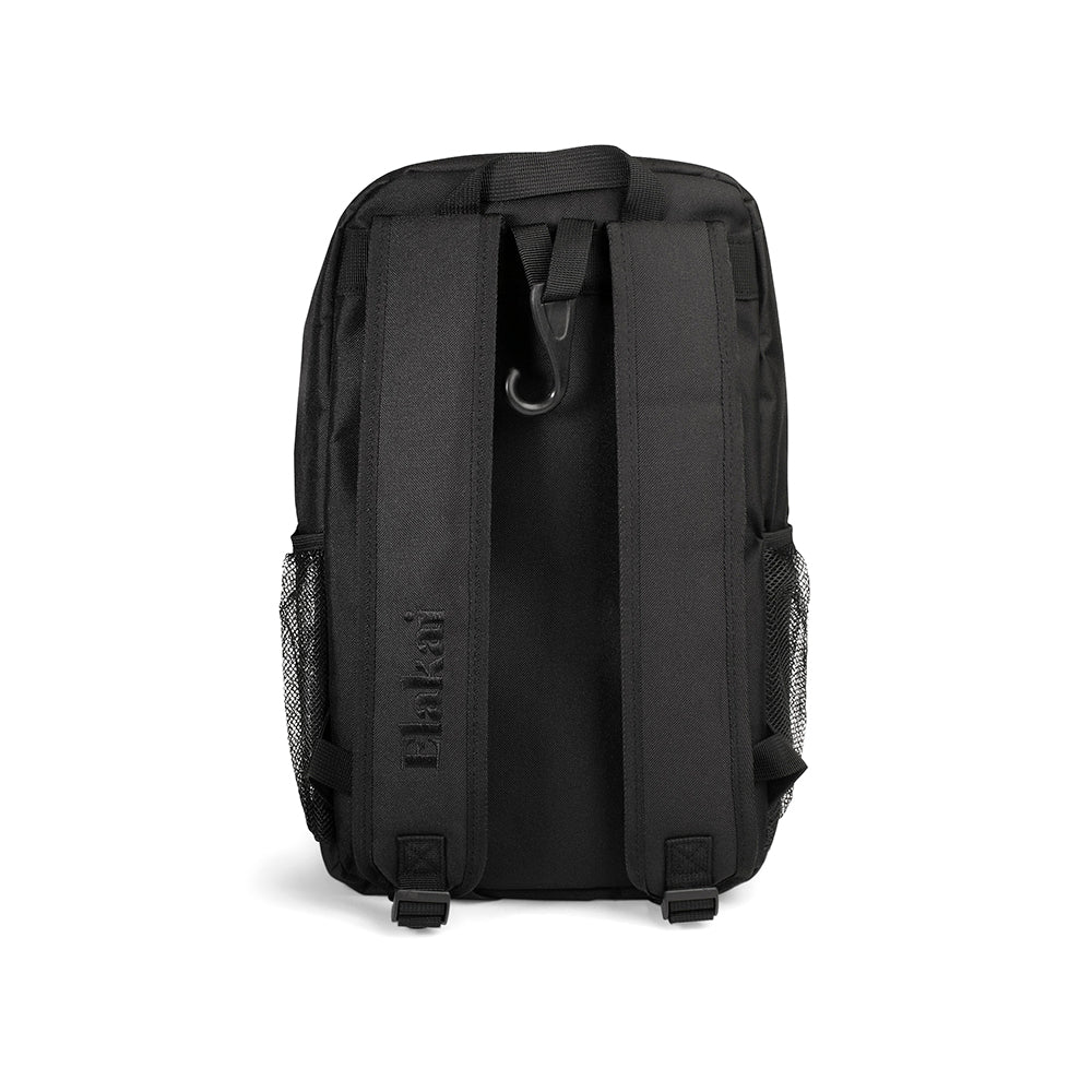 Black backpack with visible brand logo on a white background