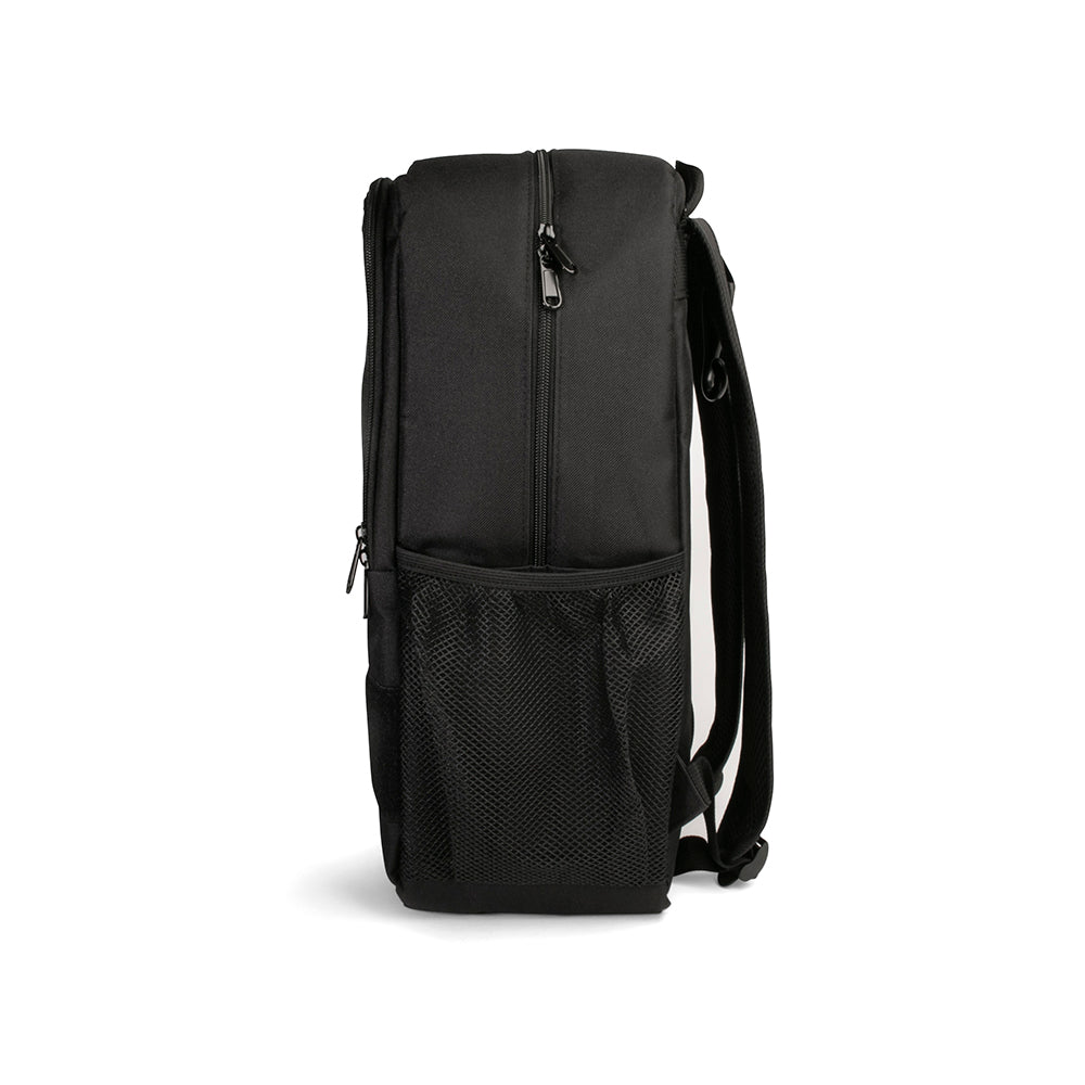 Black backpack with a front pocket on a white background