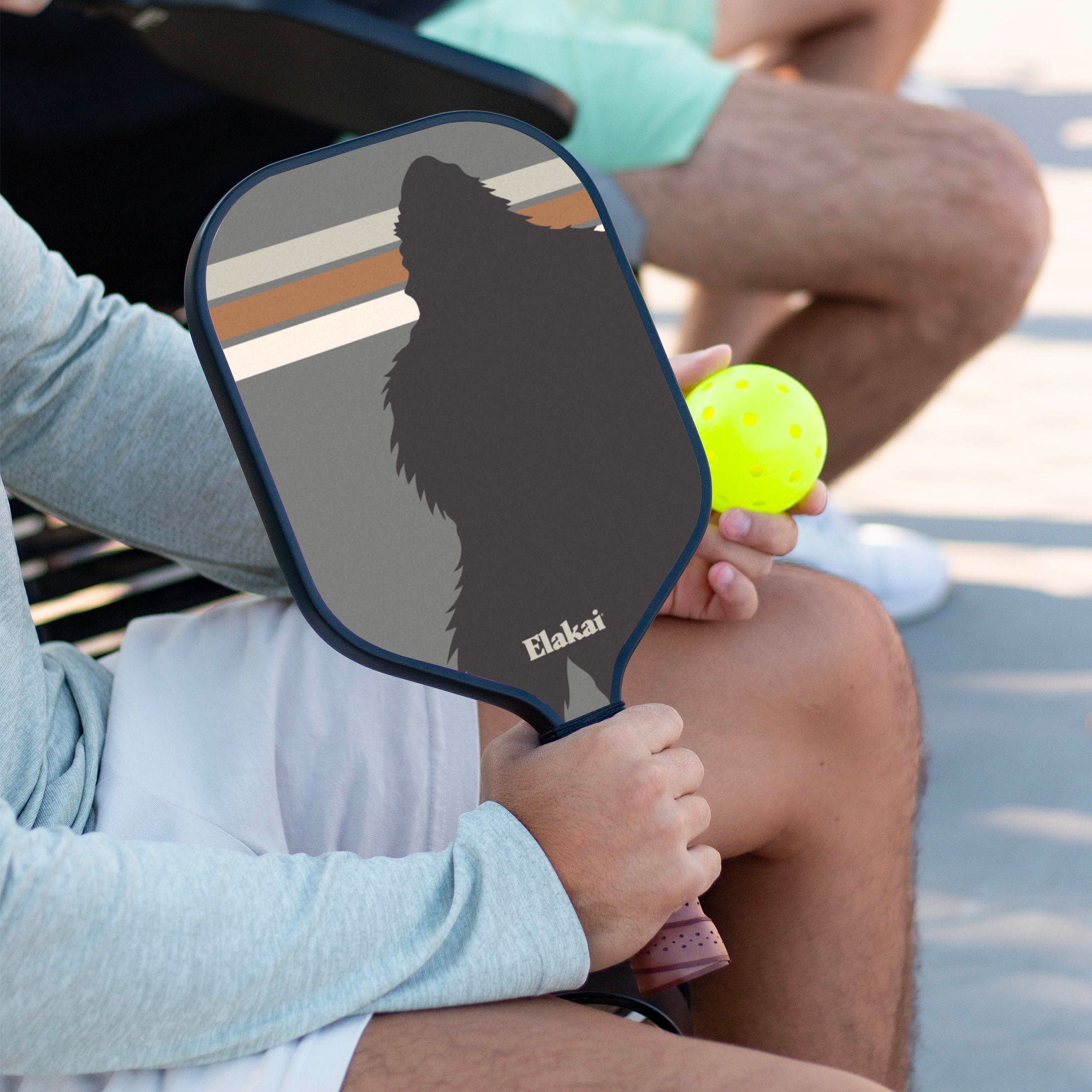 Person holding a pickleball paddle with a wolf design and a yellow ball, sitting on steps.