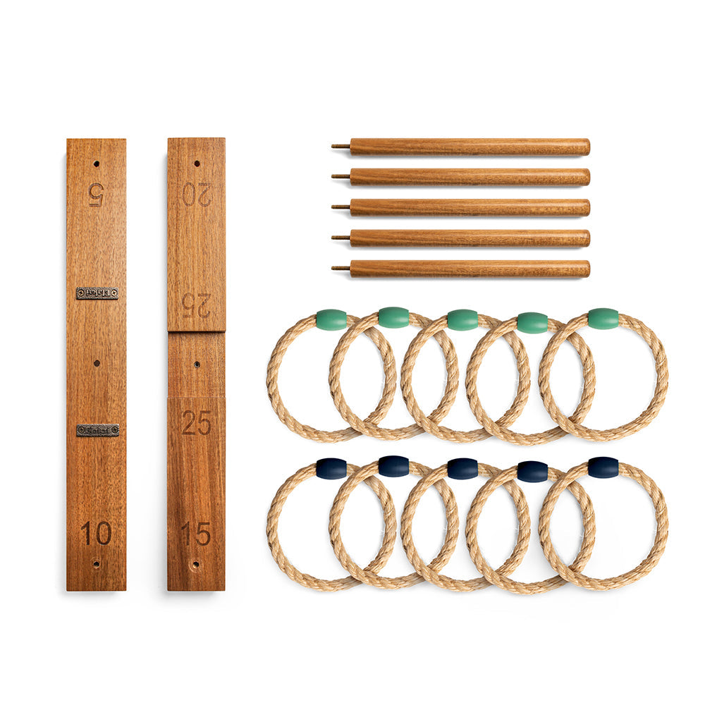 Wooden ring toss game set with ropes, markers, and wooden sticks on a white background