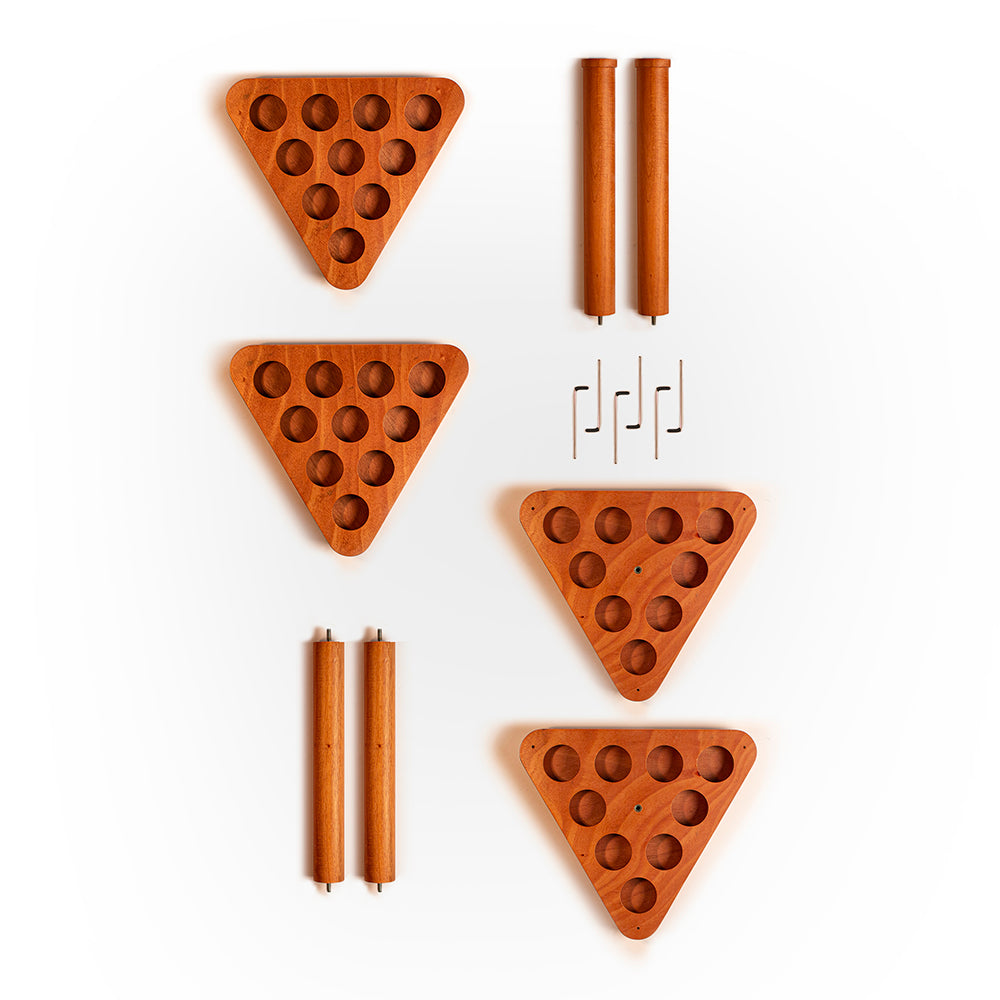 Set of wooden triangle-shaped objects with cylindrical sticks on a white background