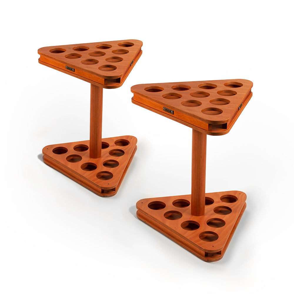 Two triangular wooden stands with multiple holes on a white background