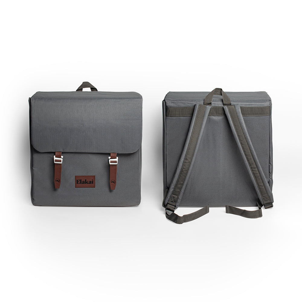 Gray backpack with brown straps on a white background