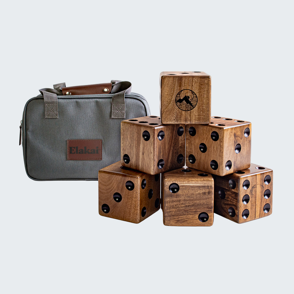 Wooden dice with black dots and a carrying case on a white background