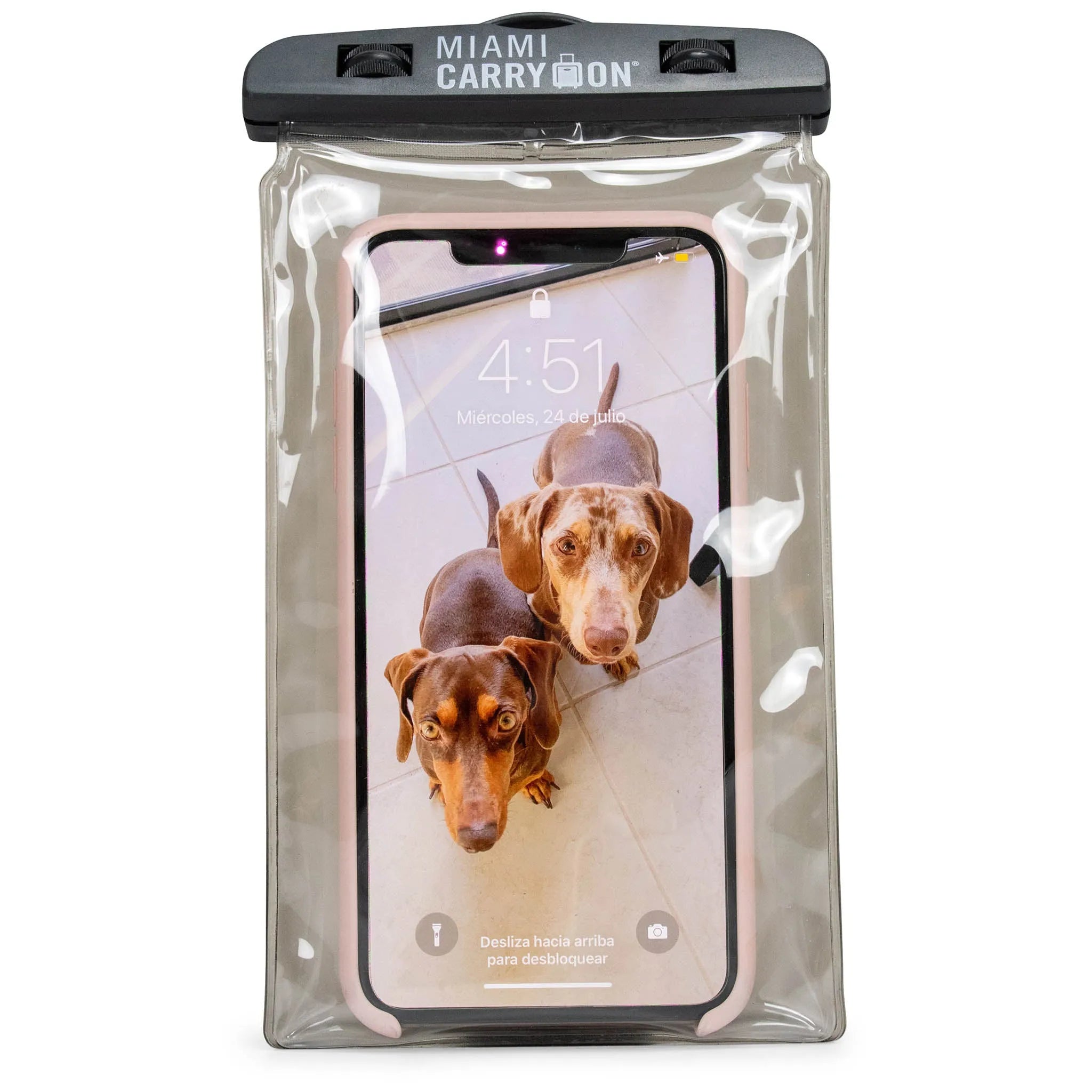 Phone case with two dogs on screen and 'Miami Carry On' branding