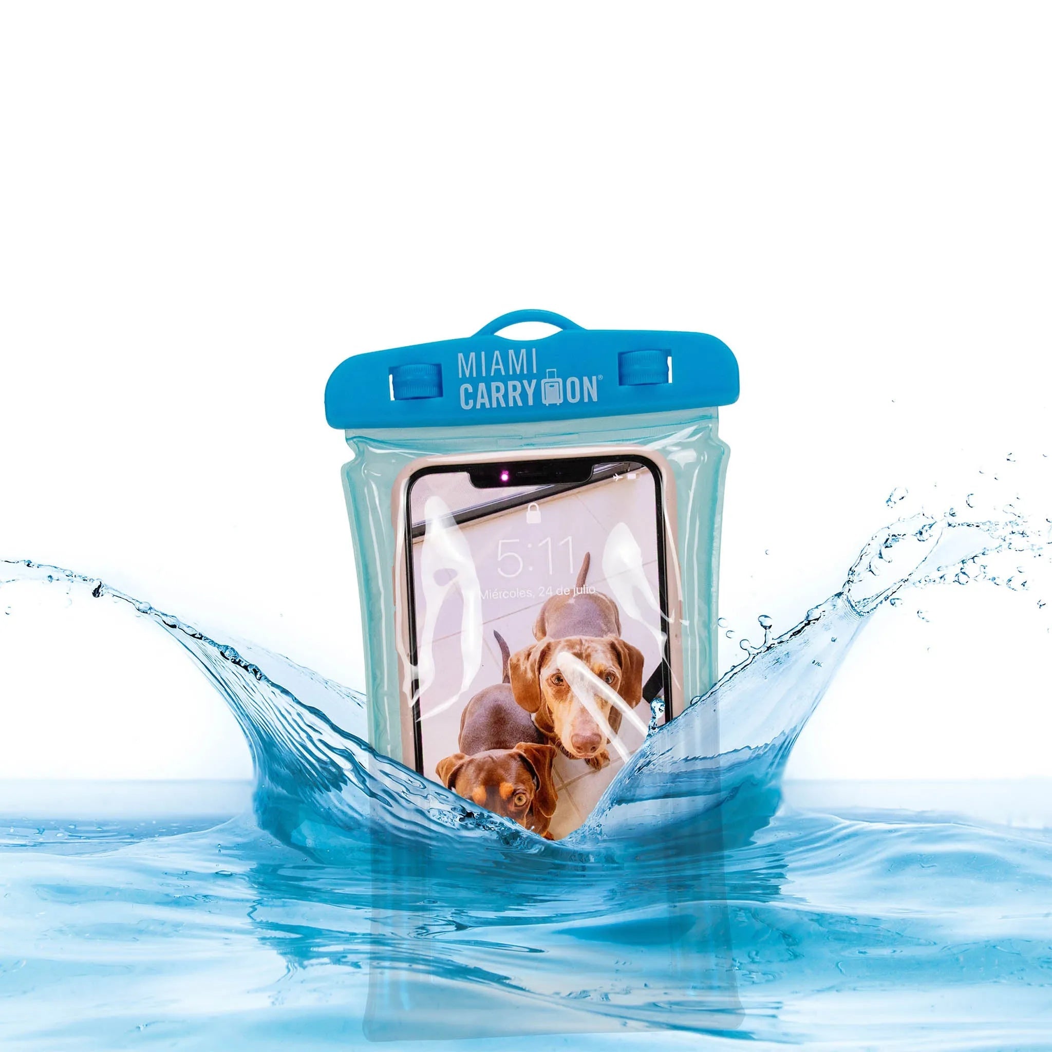 Waterproof phone case with dogs on a screen, splashing water effect