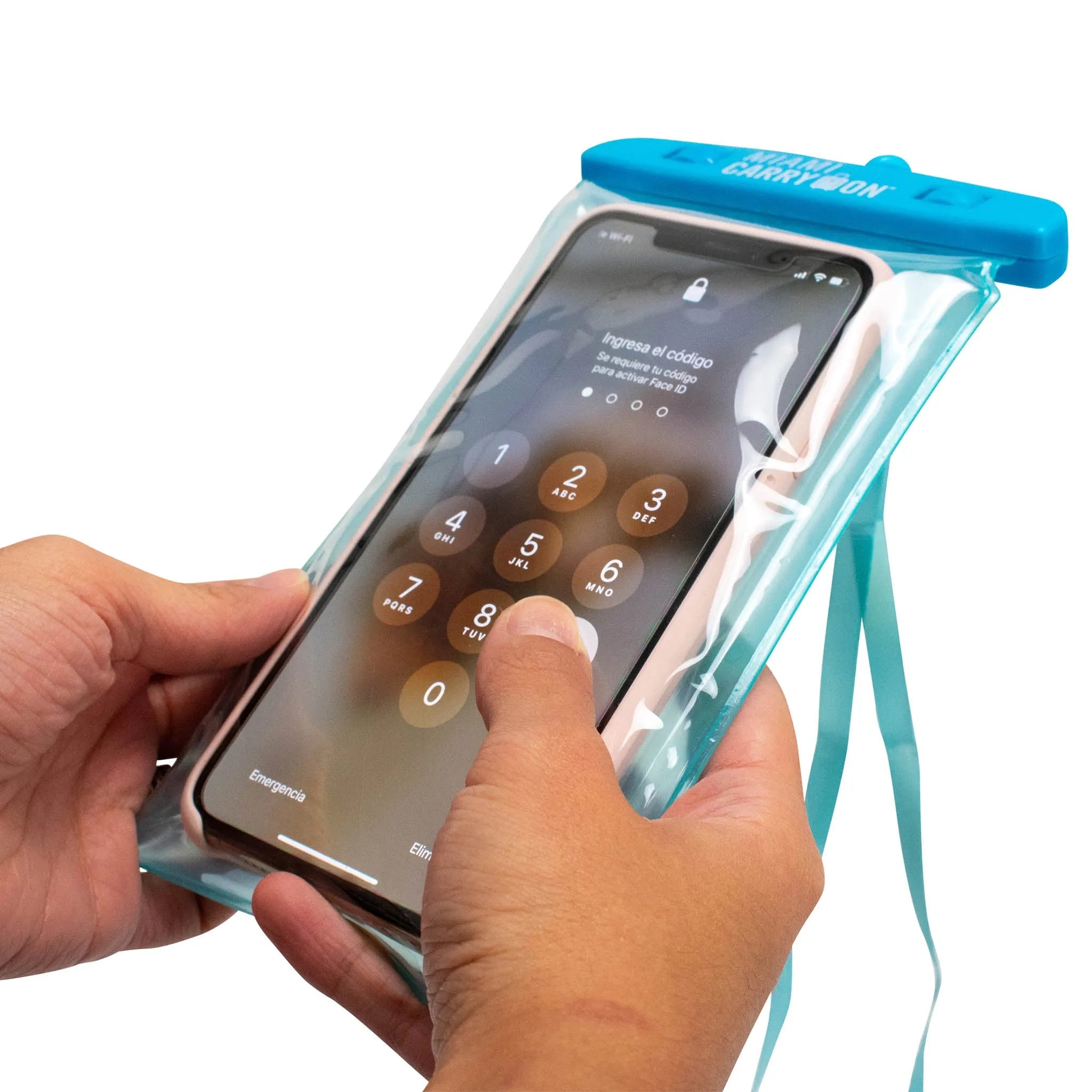 Hand holding a smartphone in a clear protective case with blue top, on a white background