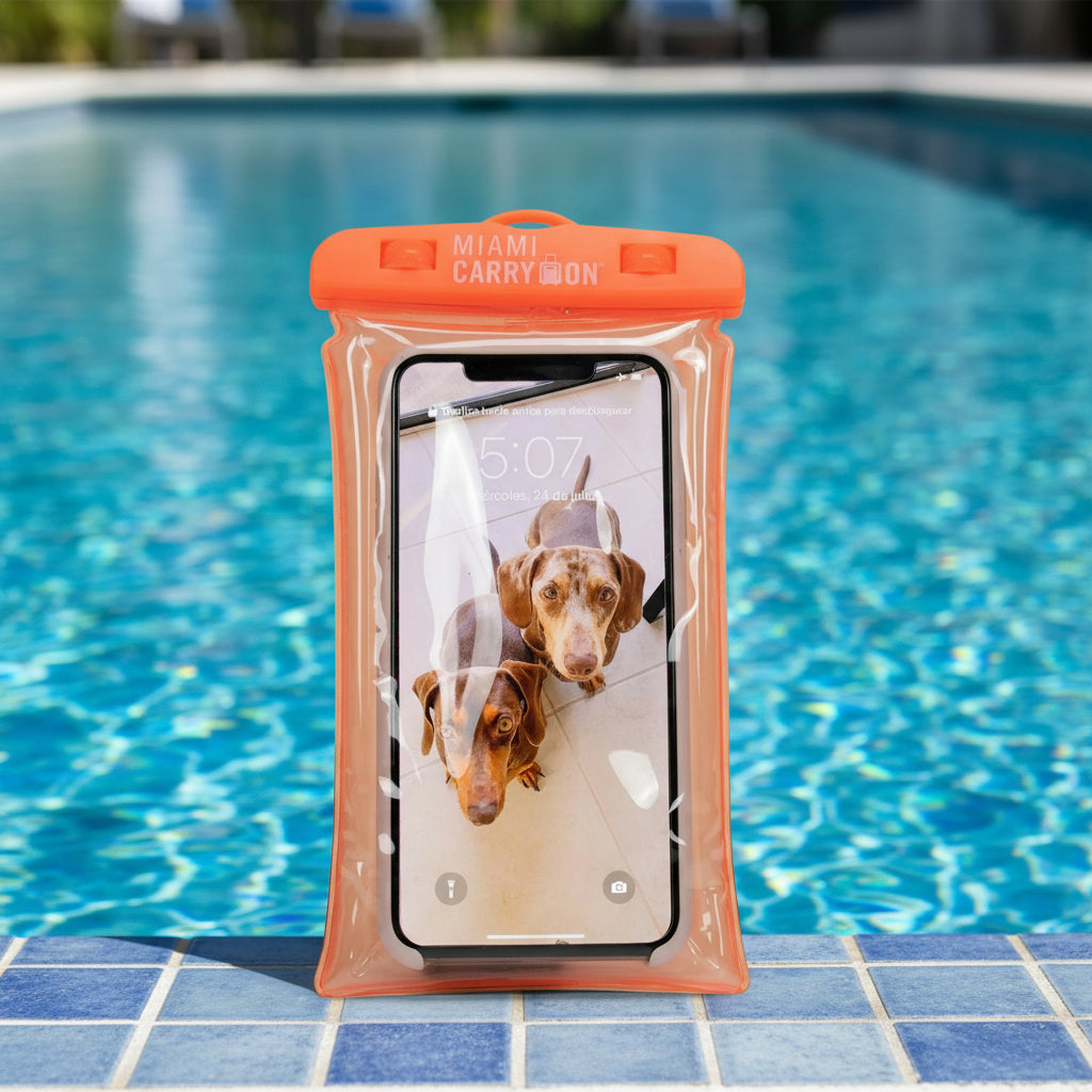 Phone case with dogs on screen and 'Miami Carry On' branding