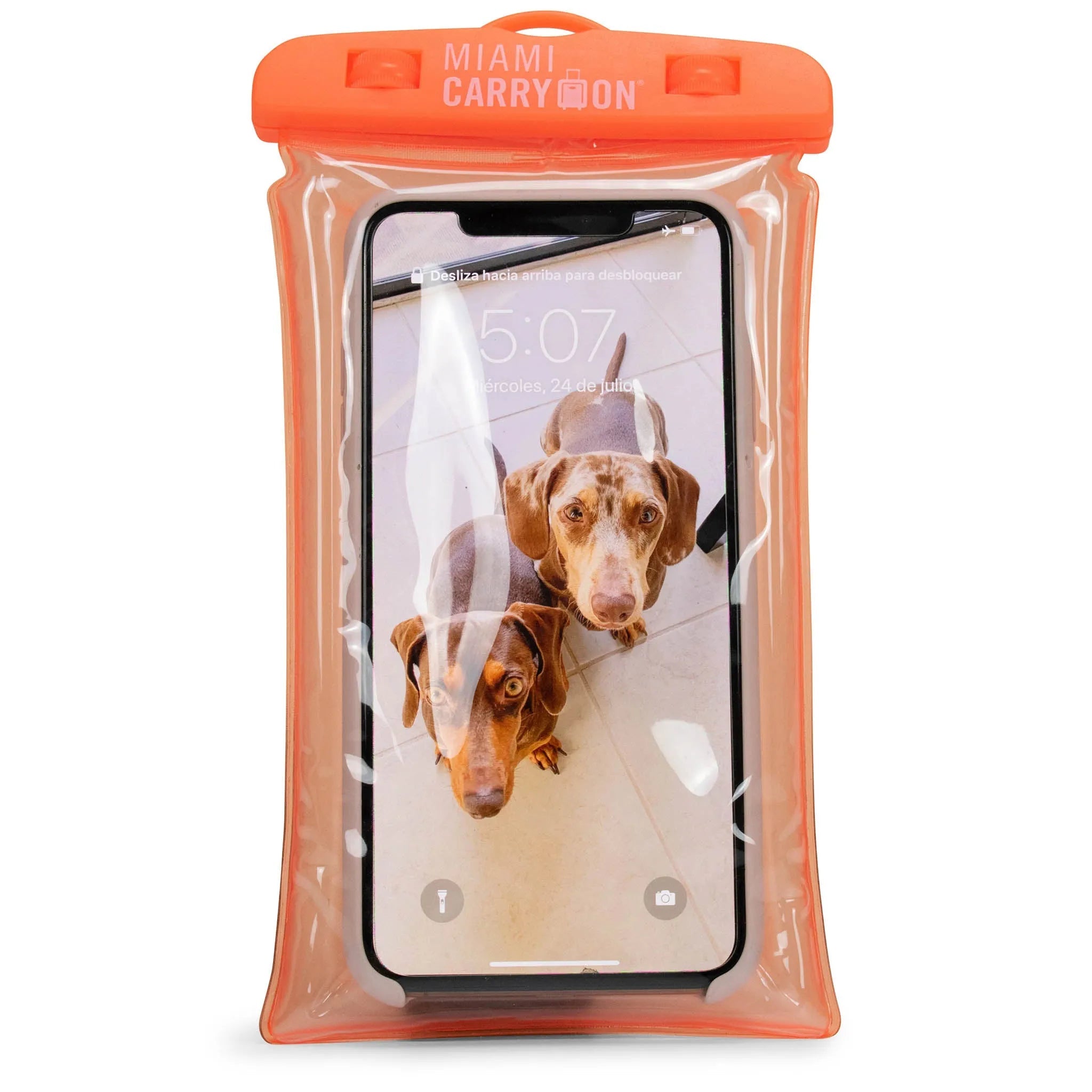 Phone case with dogs on screen and 'Miami Carry On' branding