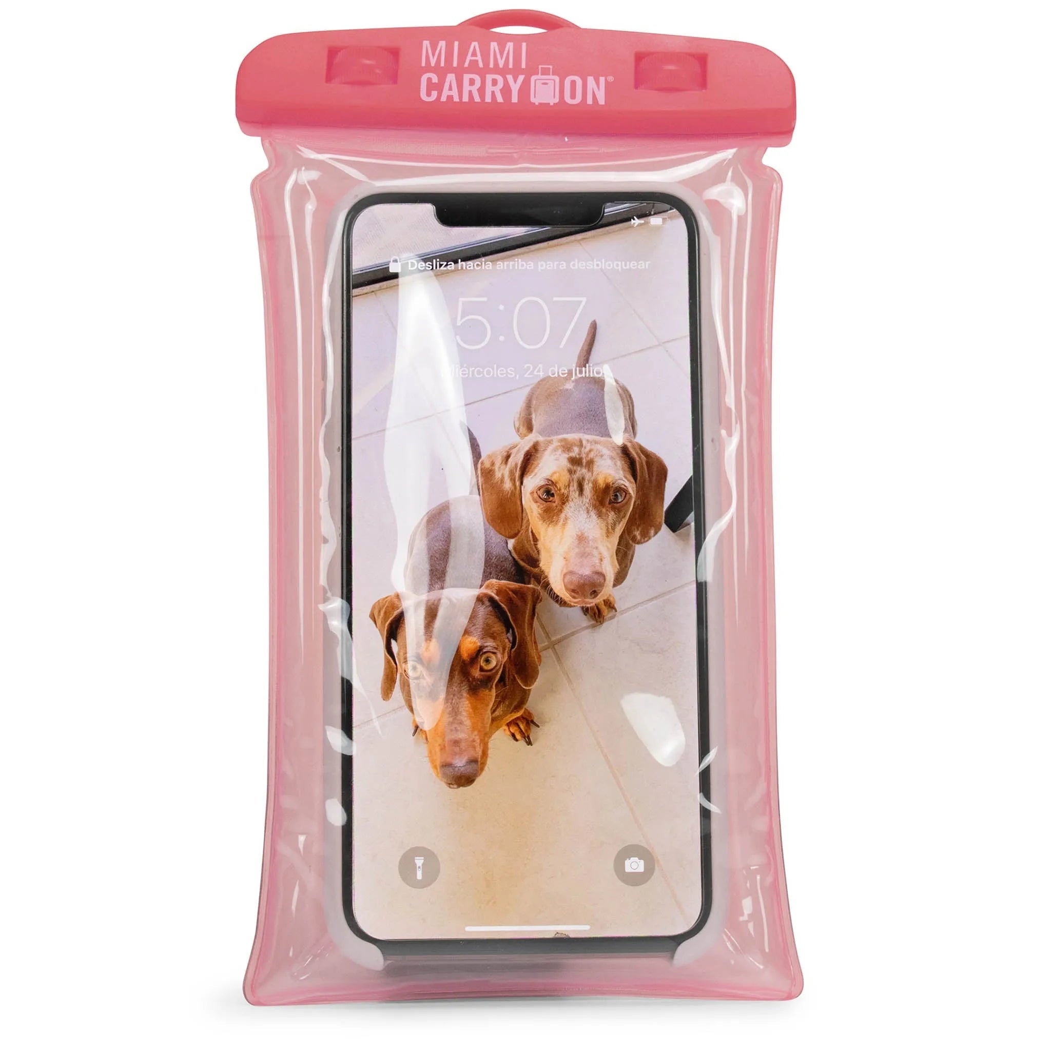 Pink phone case with a transparent front displaying a phone screen showing two dogs.