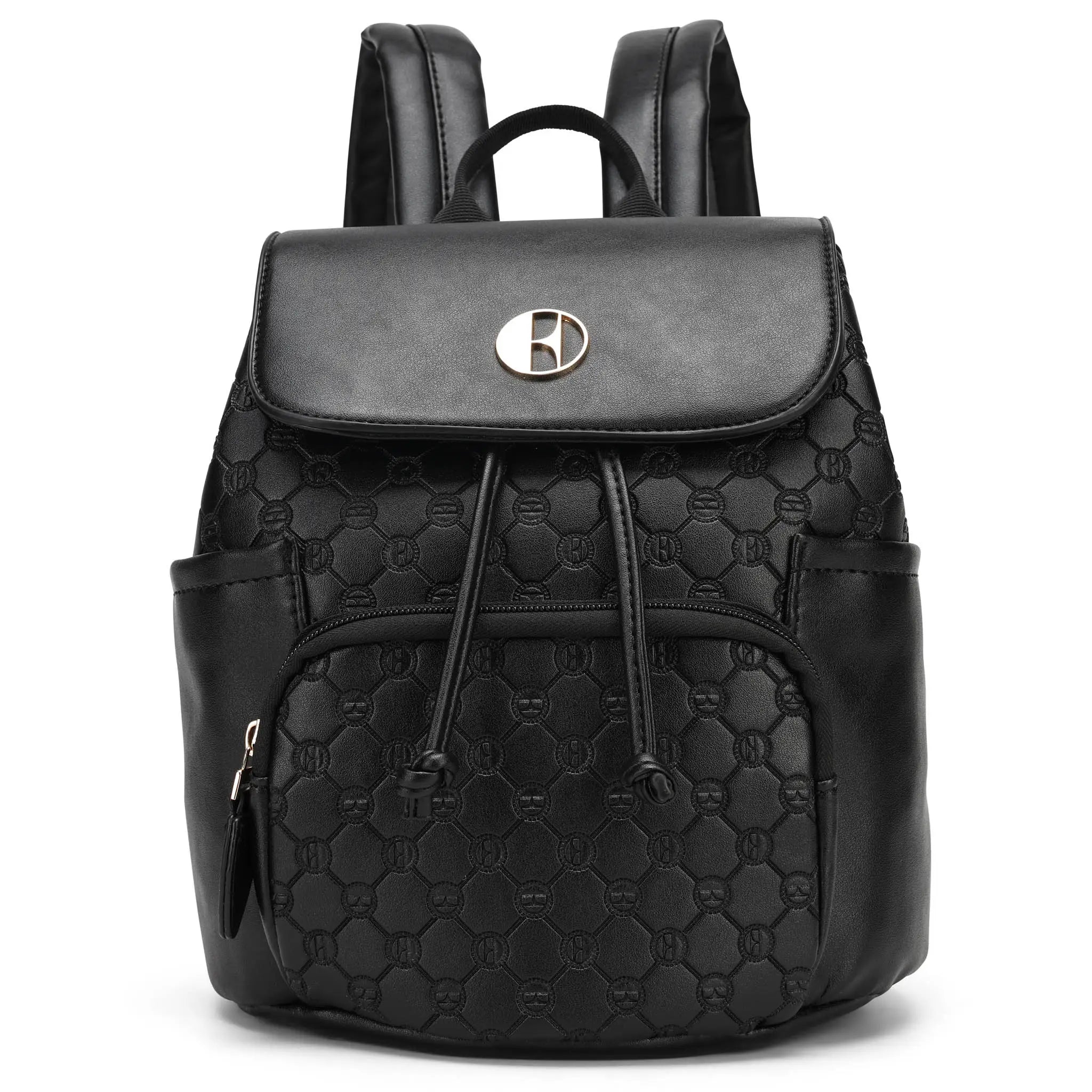 Black backpack with hexagonal pattern on a white background