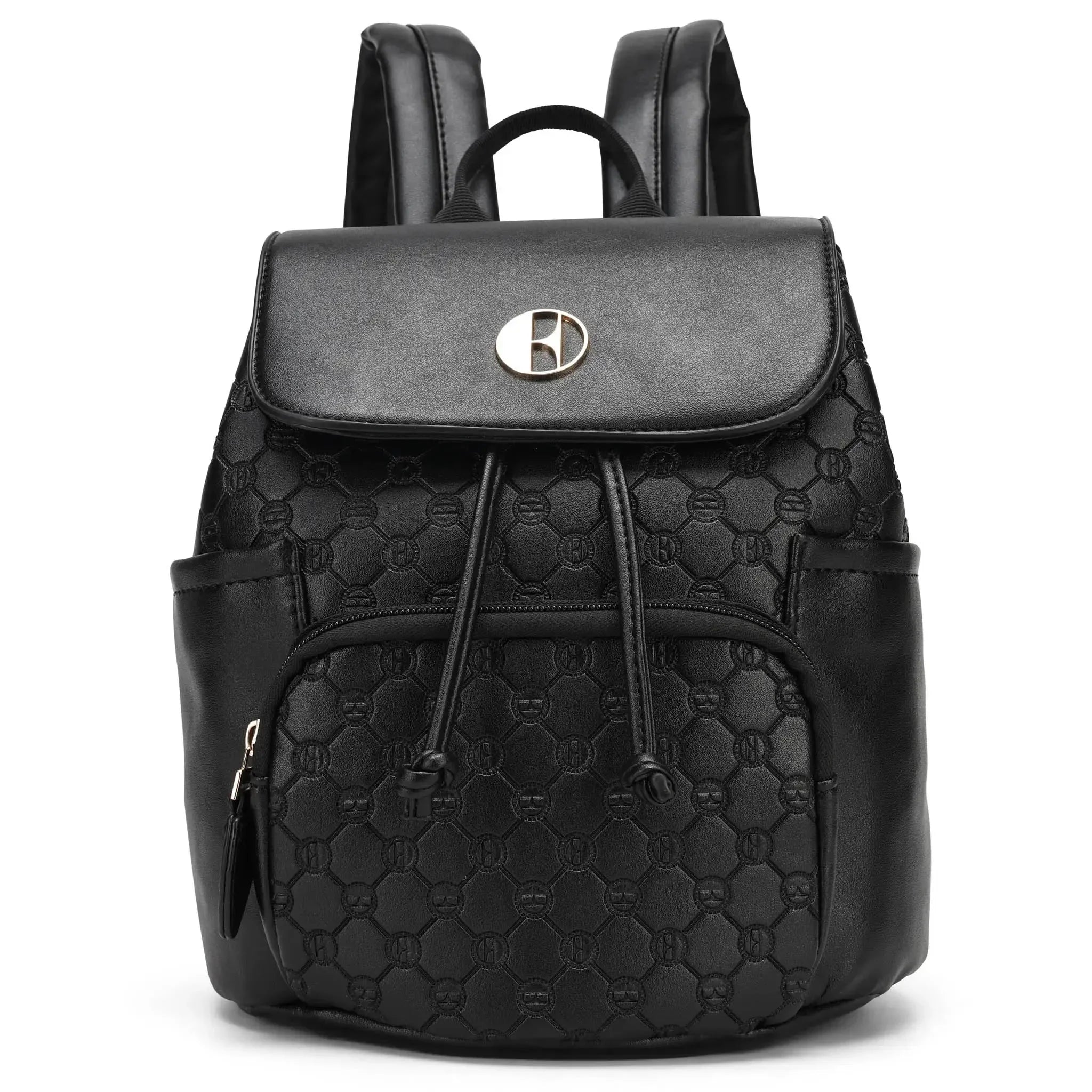 Black quilted backpack with a brand logo on a white background