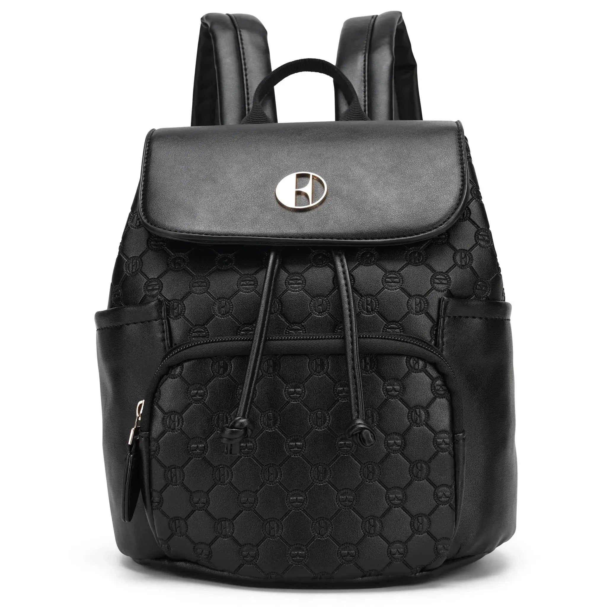 Black backpack with a textured pattern on a white background