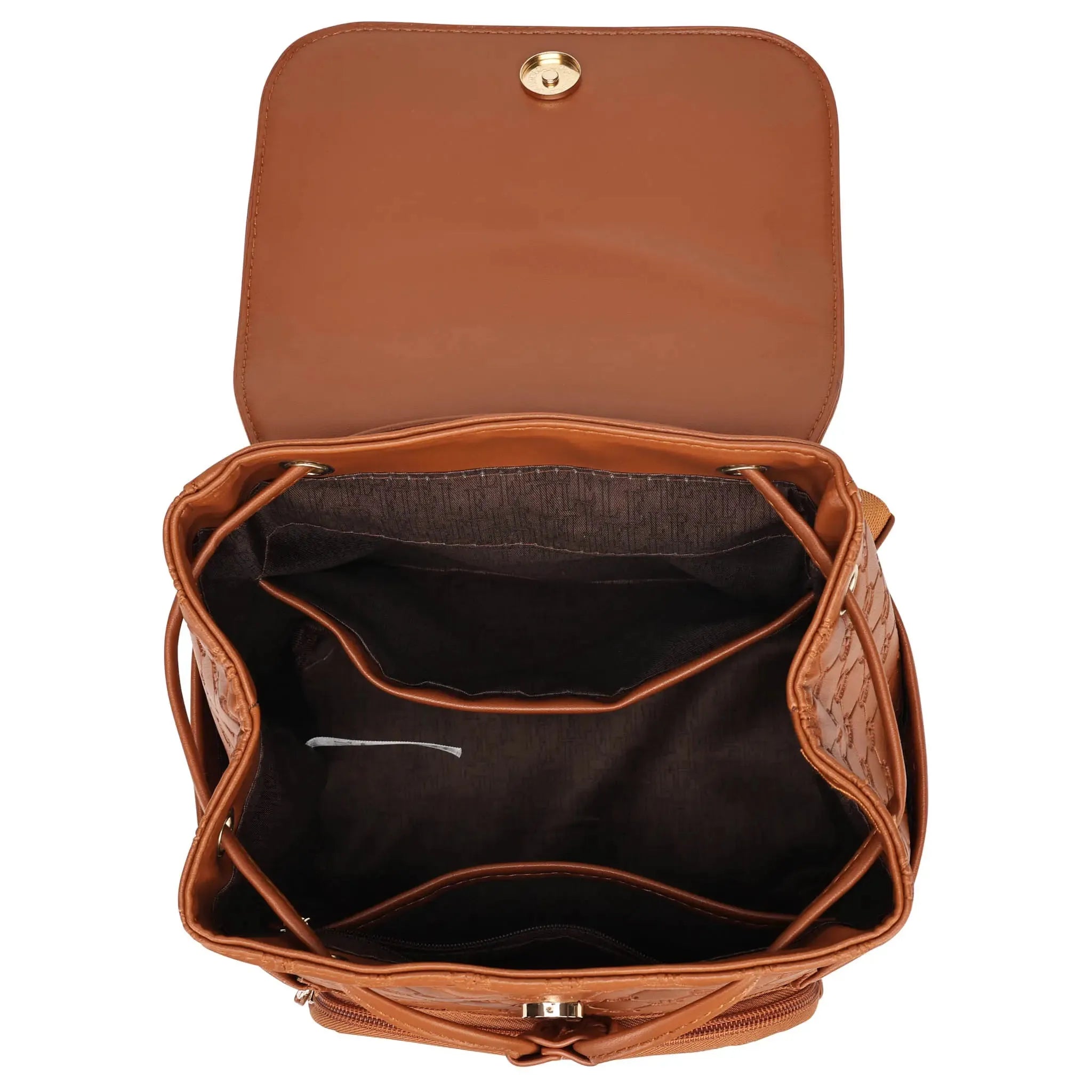 Brown leather bag with open top on a white background