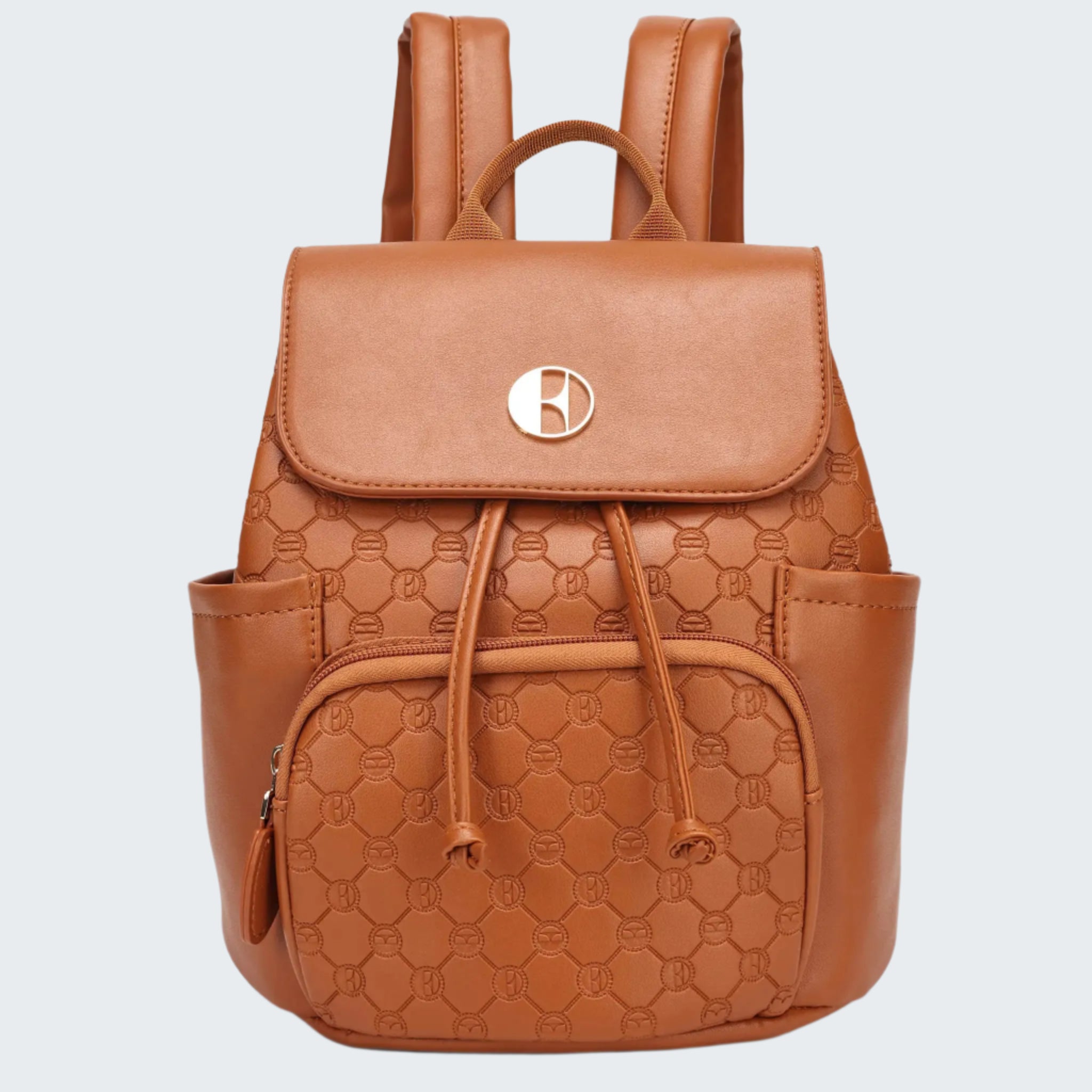 Brown backpack with a patterned design on a white background