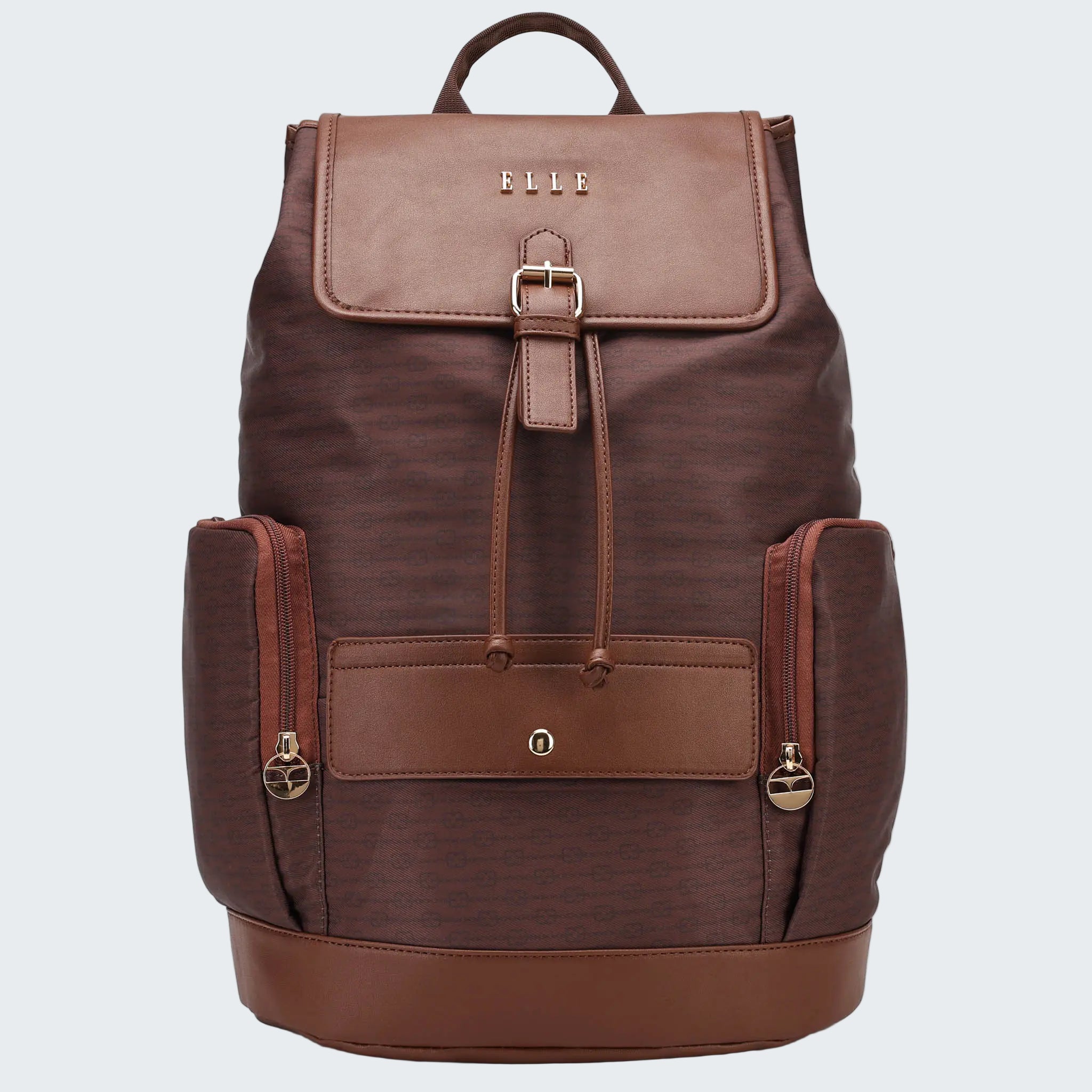 Brown backpack with gold accents on a white background