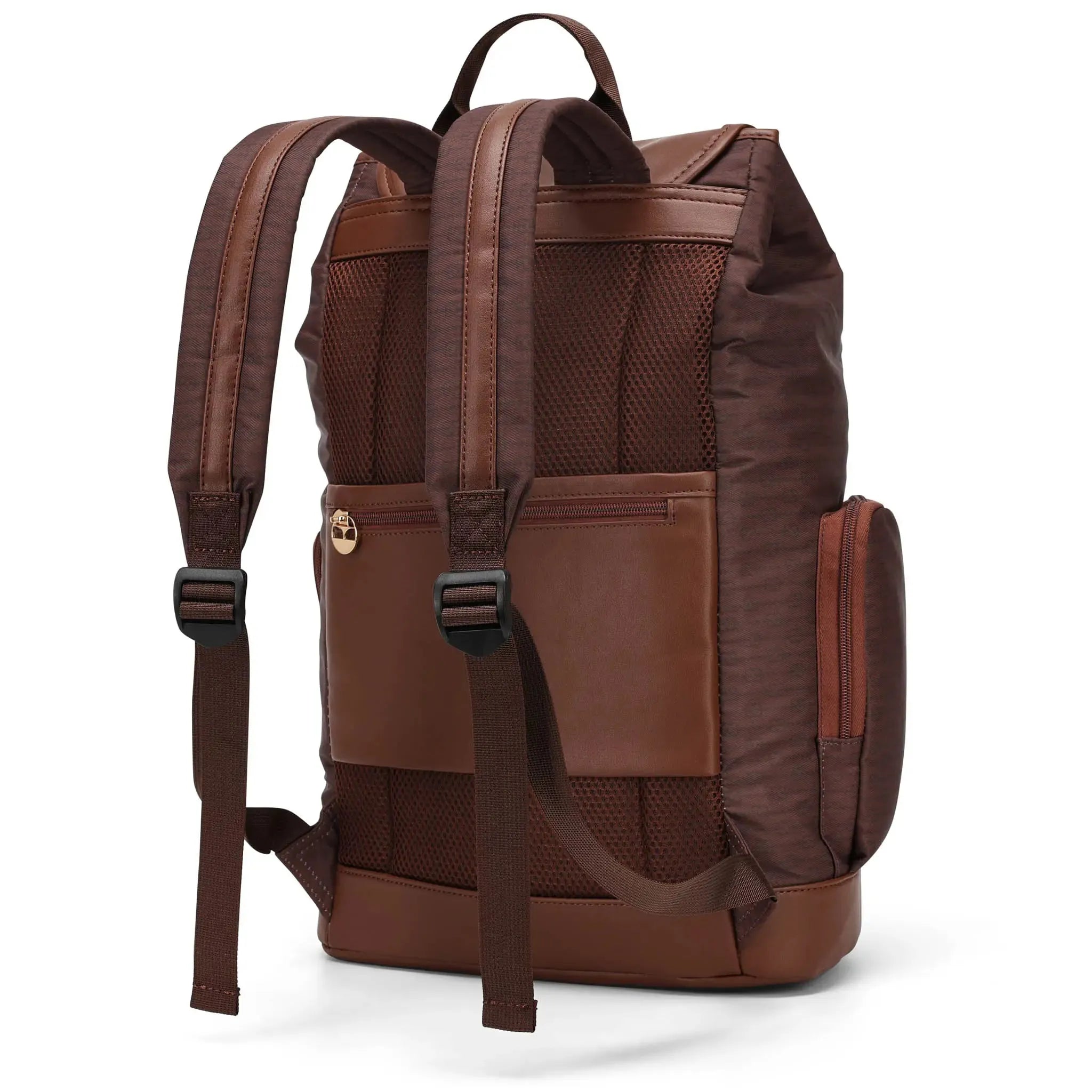 Brown leather backpack on a white background