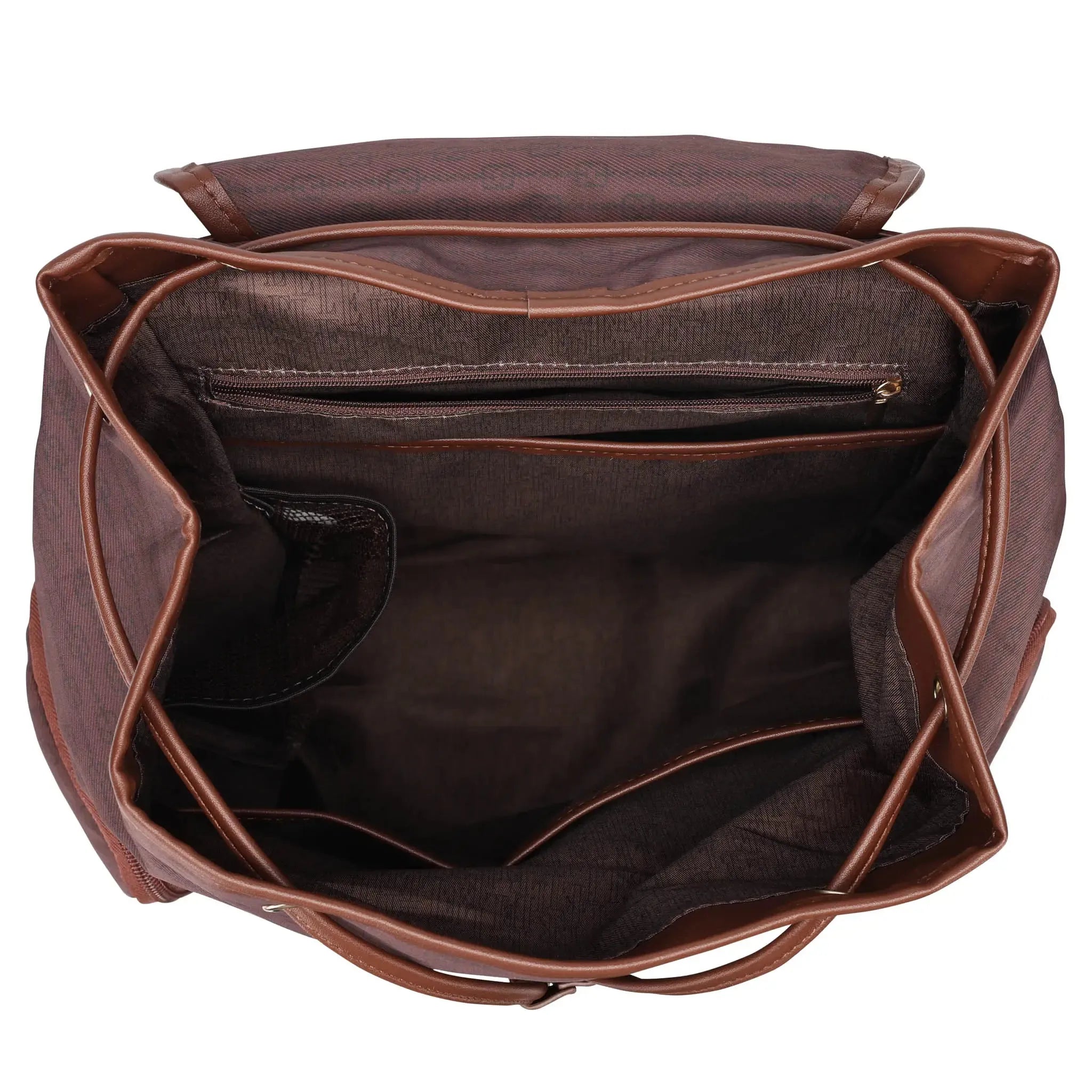 Brown leather bag with open top on a white background