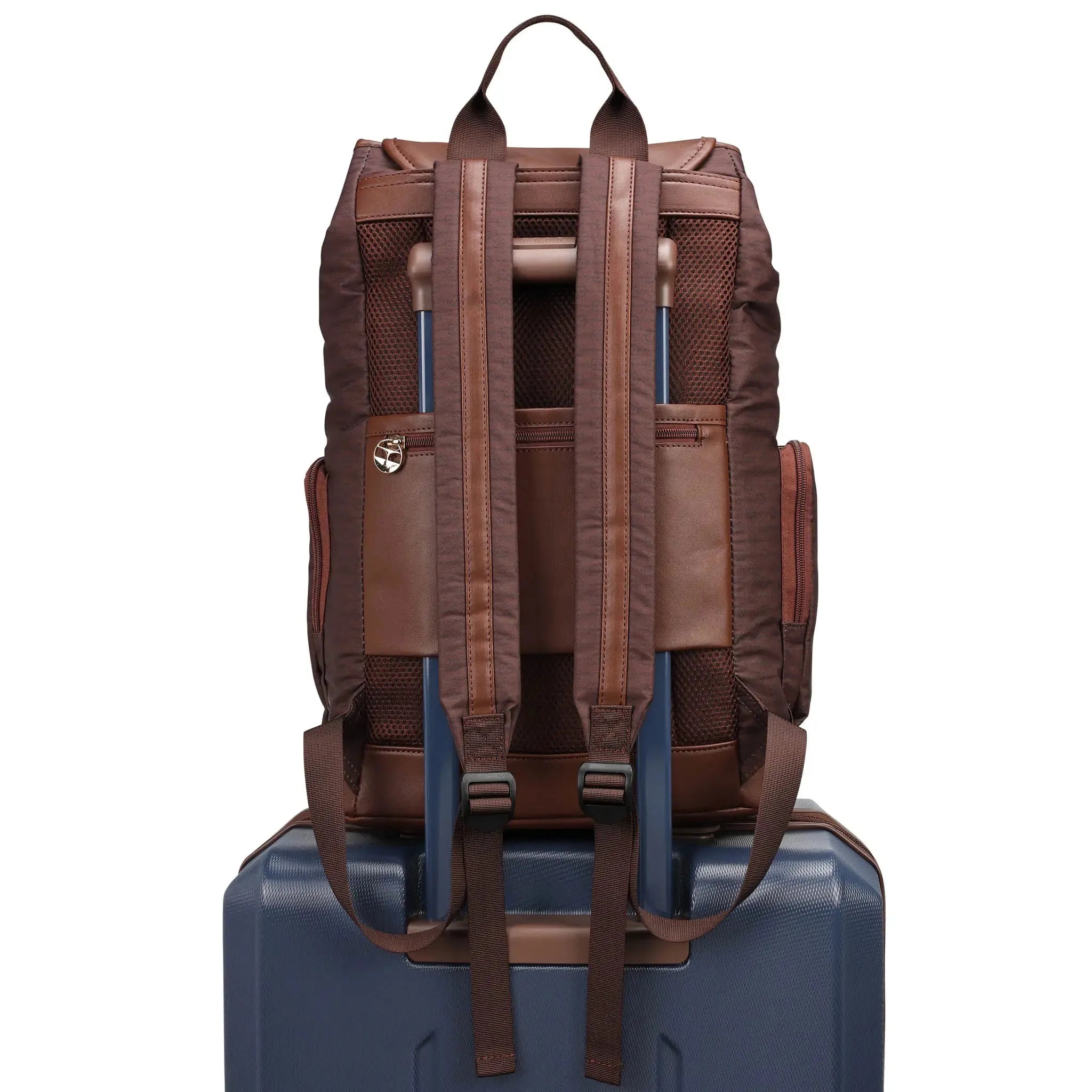 Brown backpack on a blue suitcase with a white background