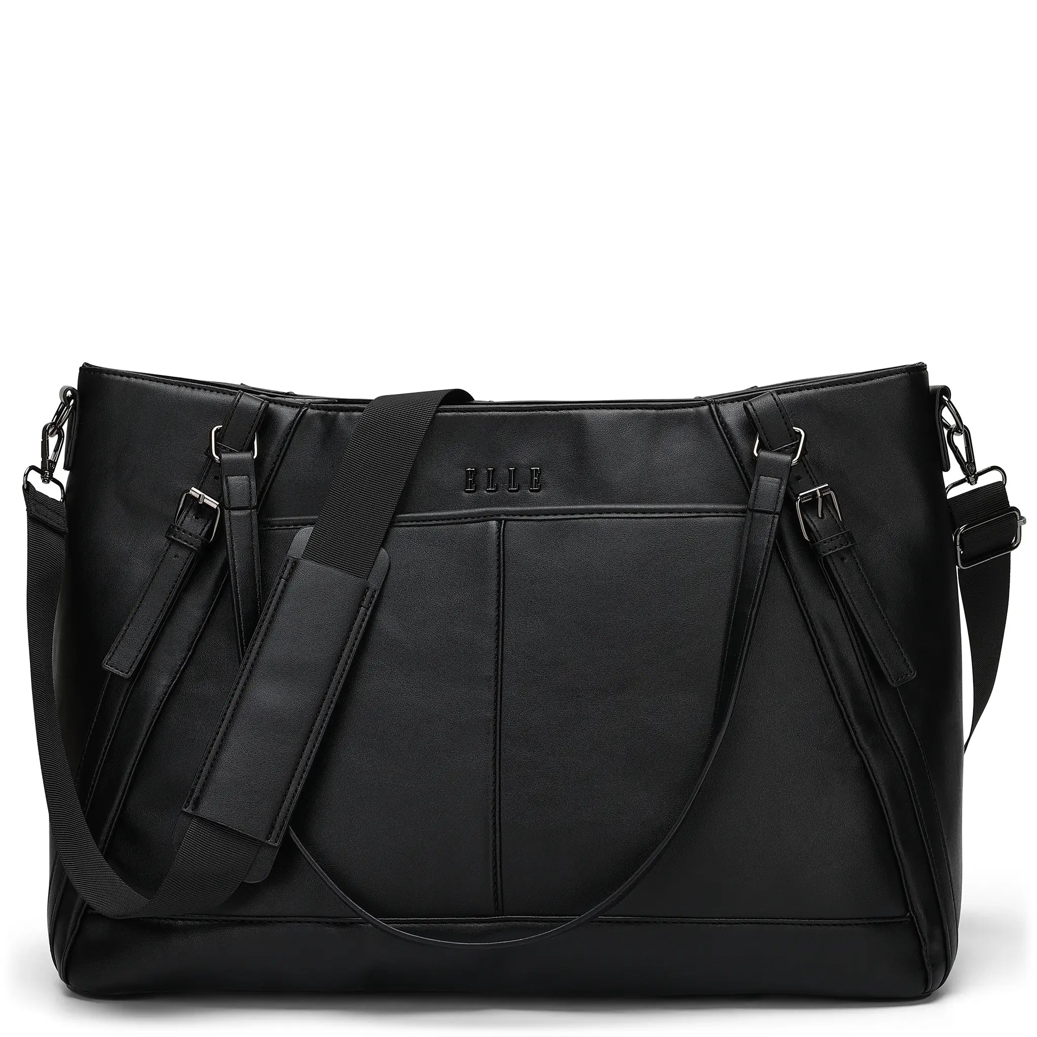 Black leather tote bag with shoulder strap on a white background