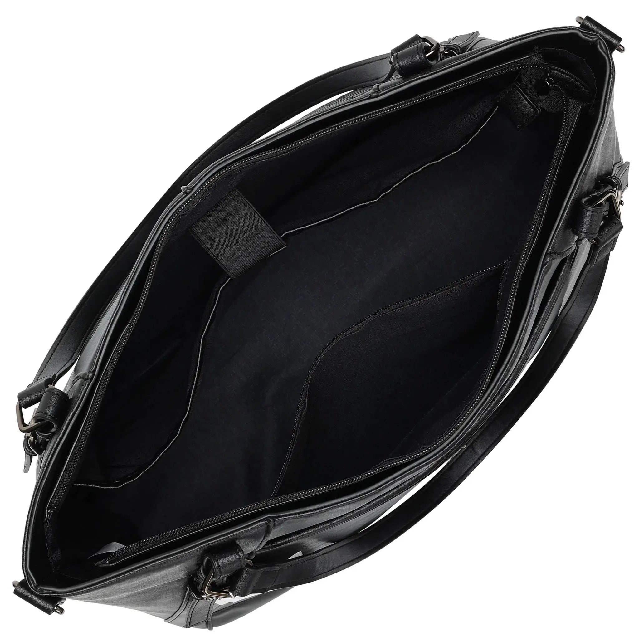 Black leather briefcase with open lid on a white background
