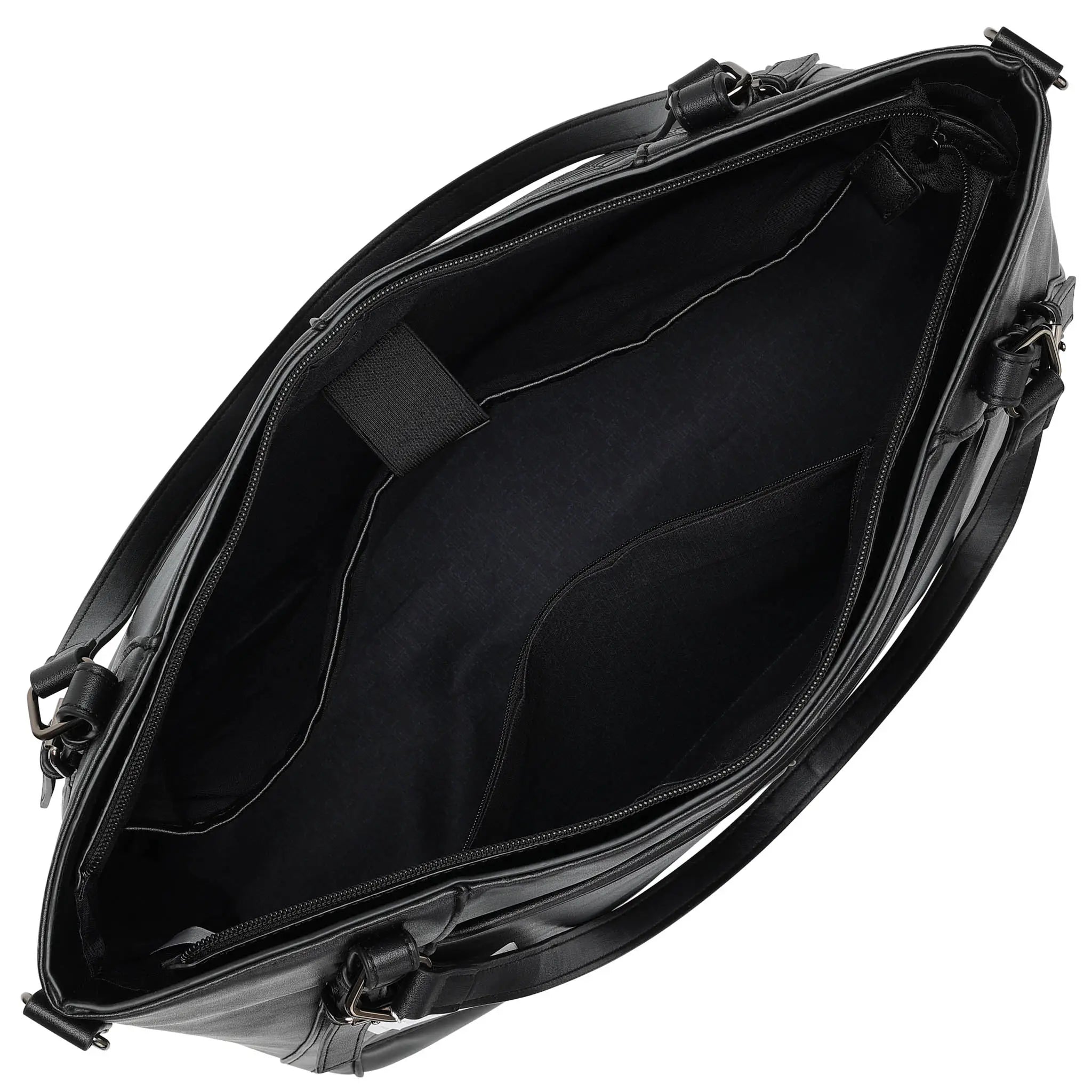 Black leather briefcase with open lid on a white background