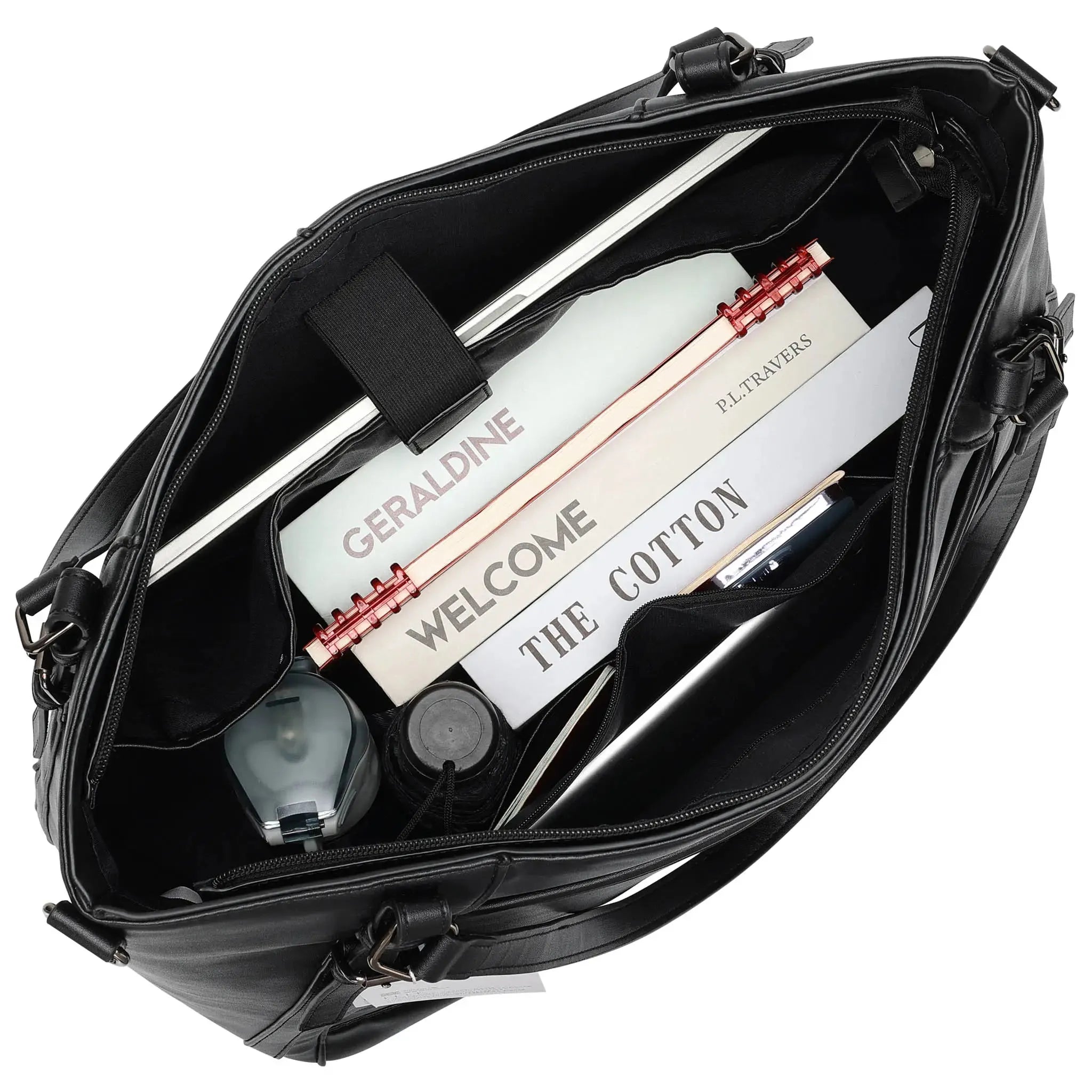 Black bag with stationery items including a pen, paper, and a bottle.