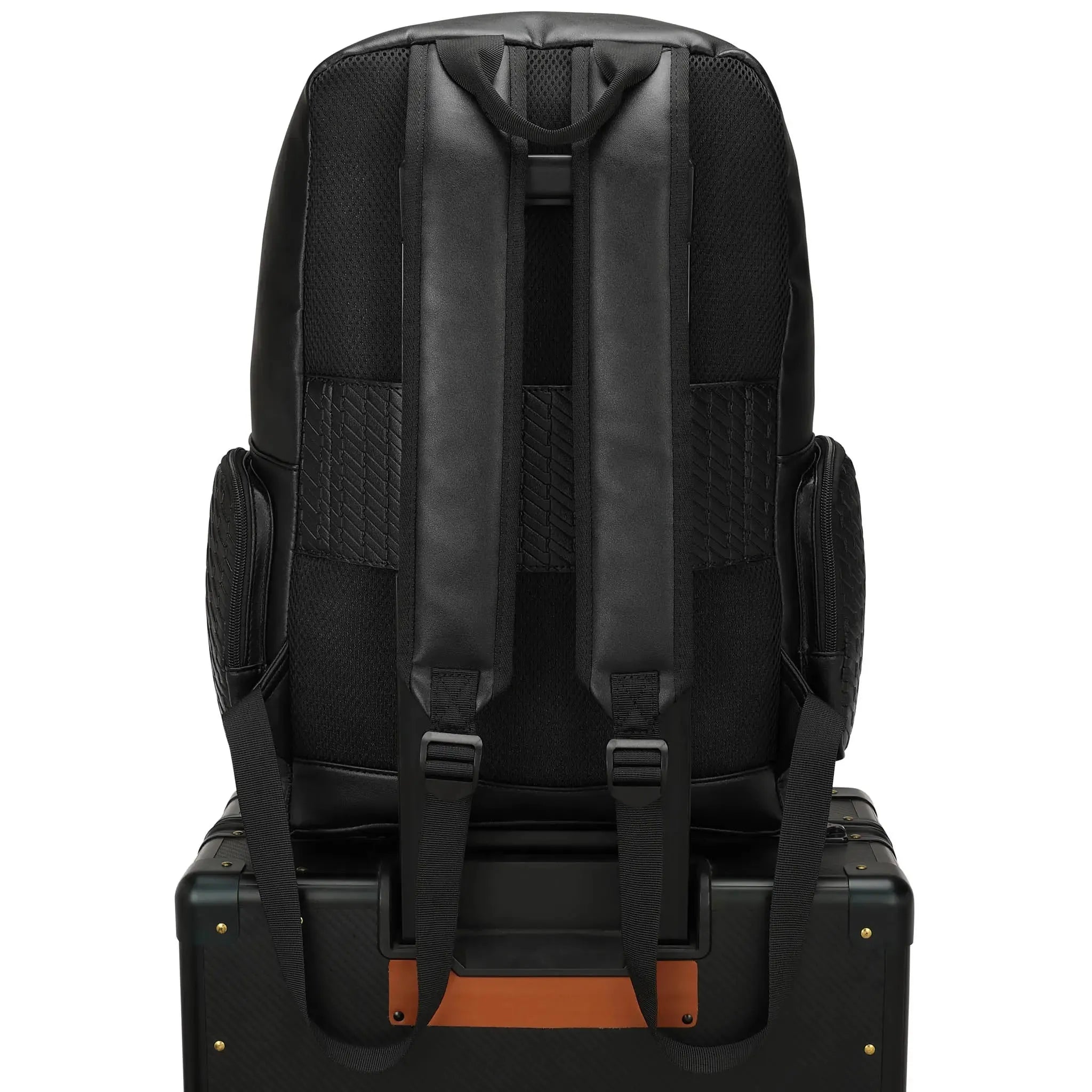 Black backpack with brown leather patch on a white background