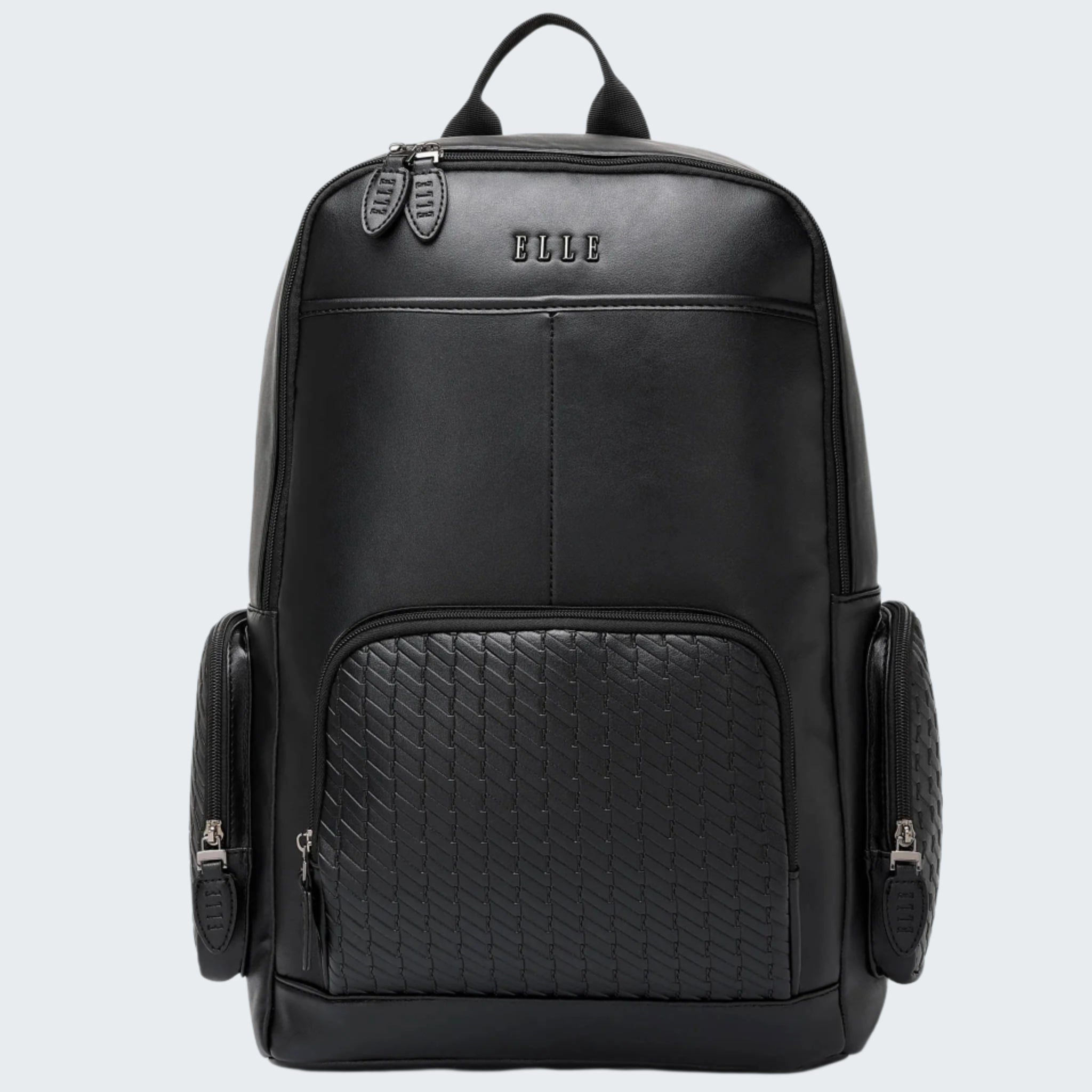 Black backpack with quilted design on a white background