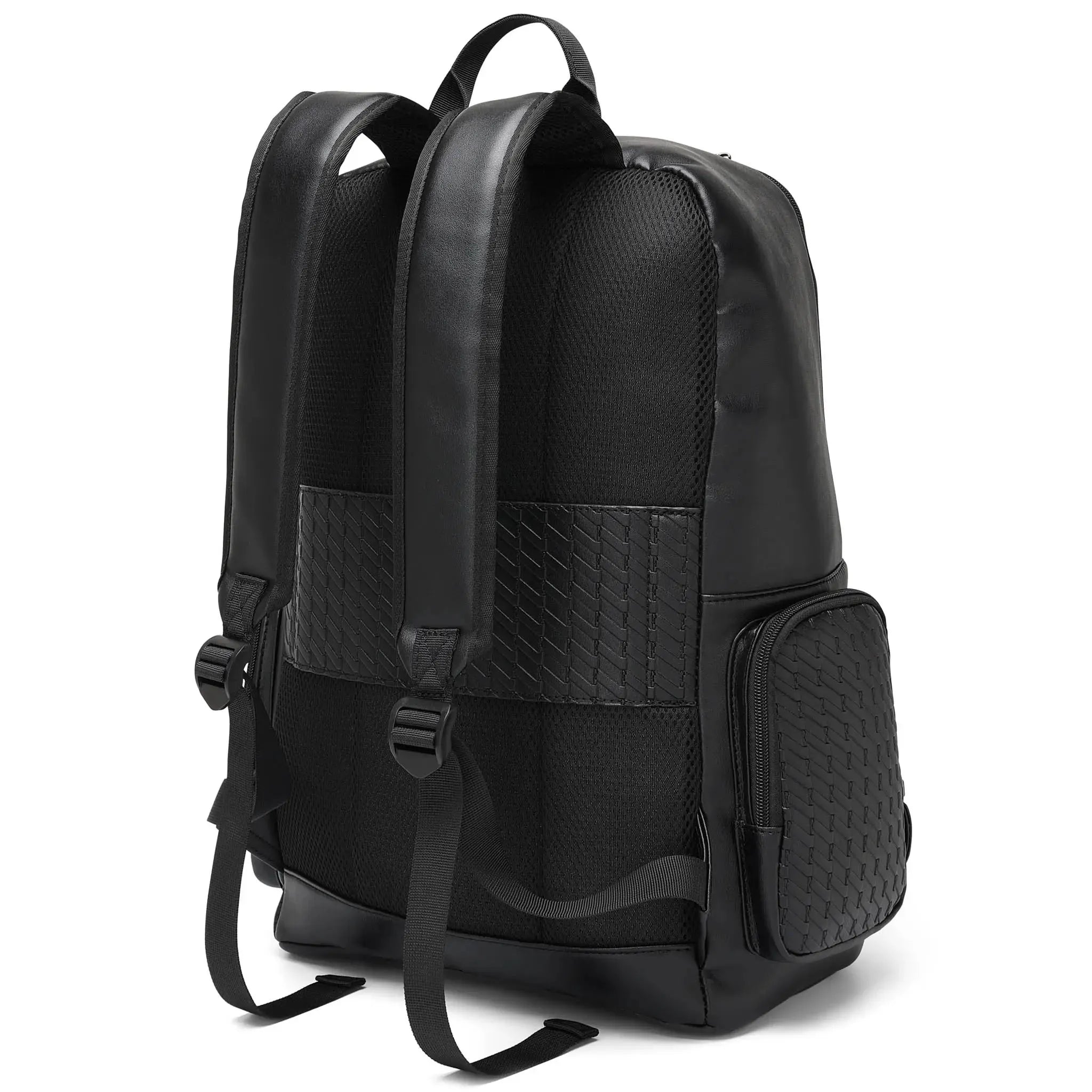 Black backpack with textured back panel on a white background