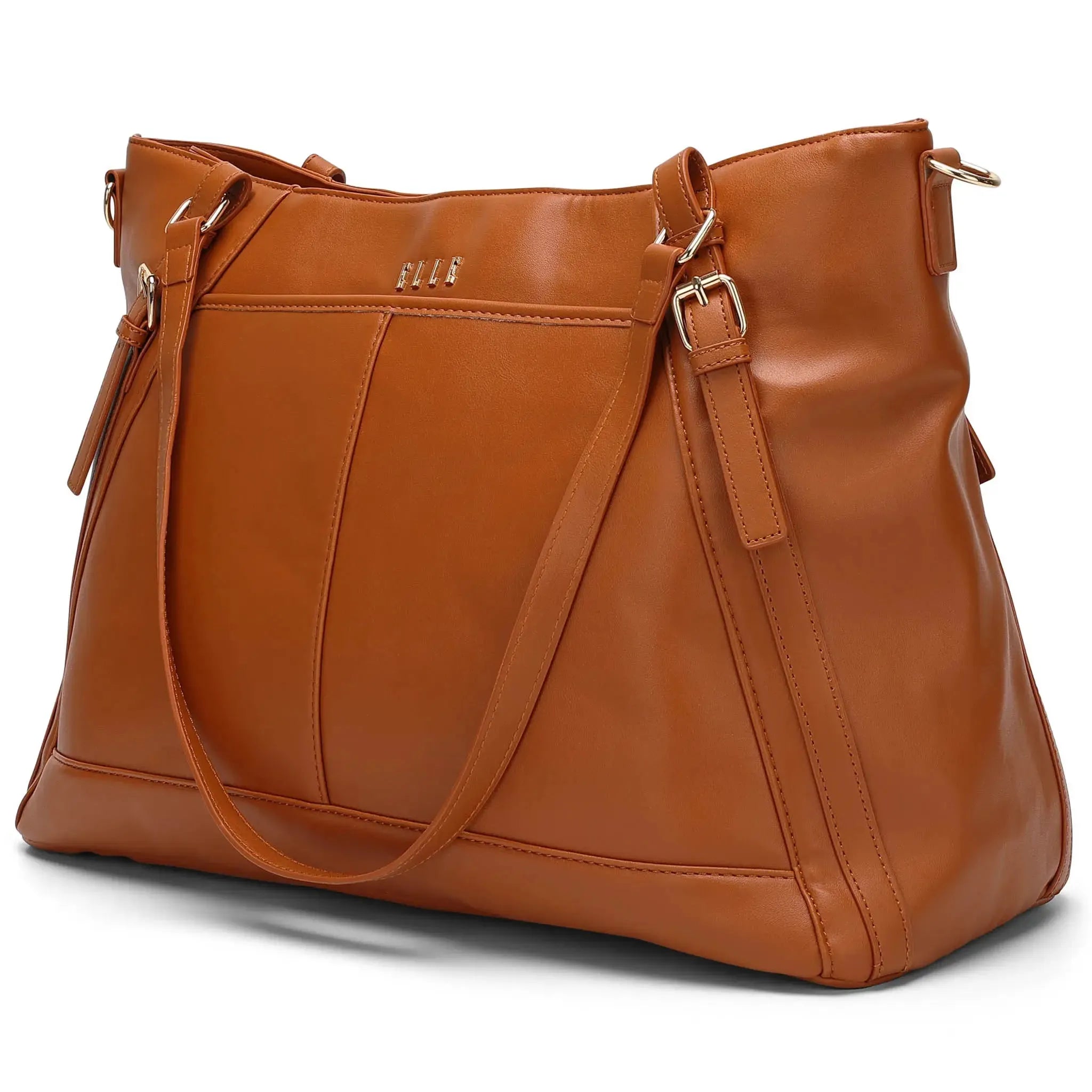 Brown leather handbag with gold accents on a white background