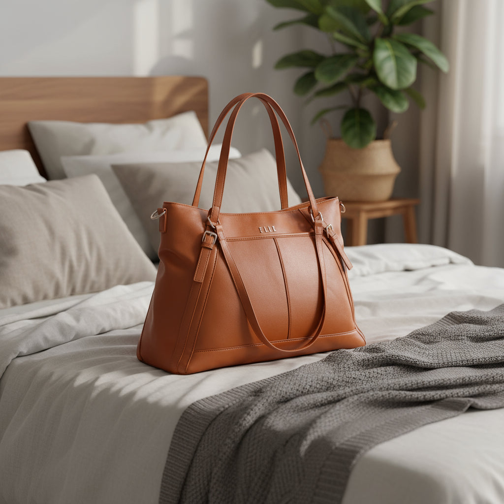 Brown leather handbag with gold accents on a white background