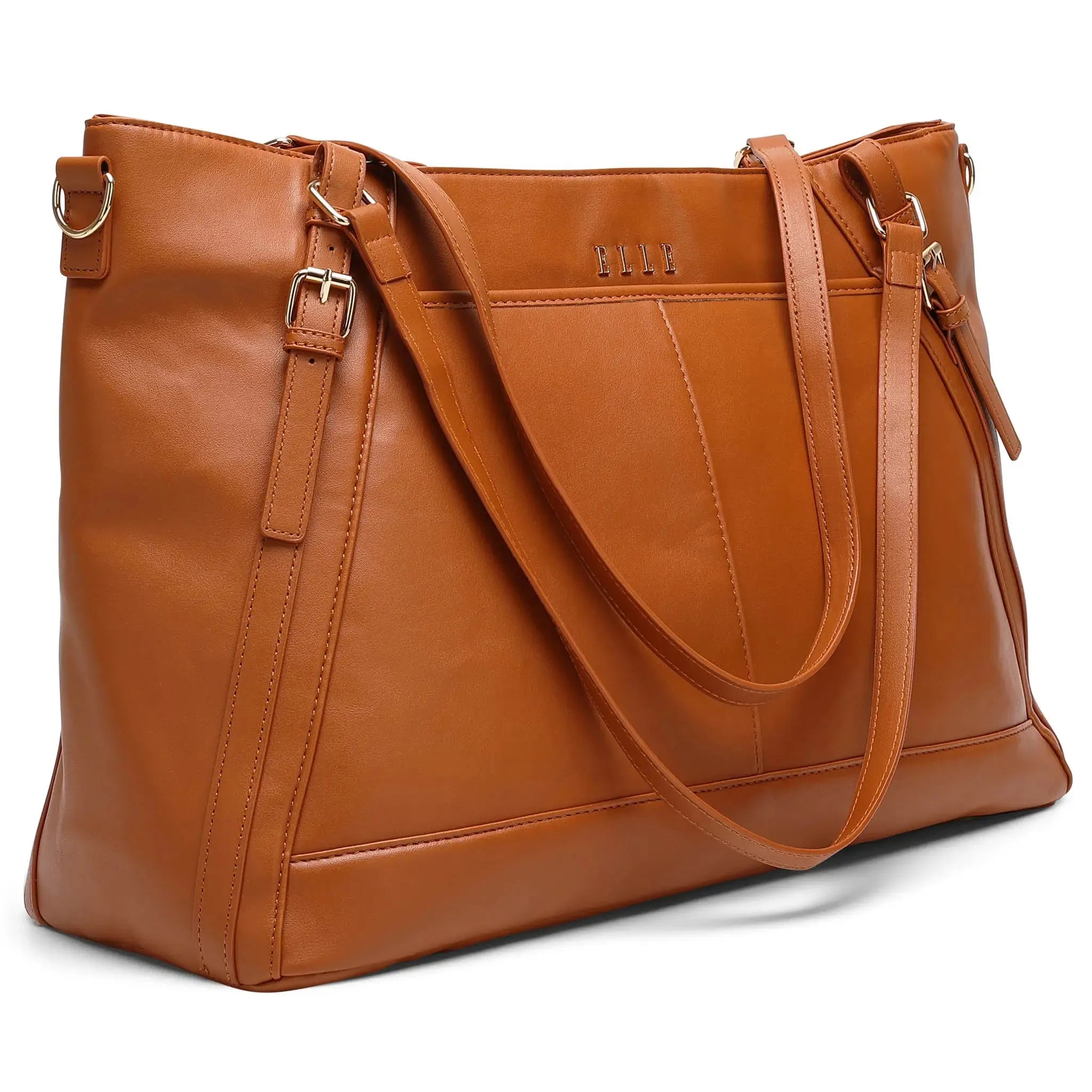 Brown leather handbag with visible brand name on a white background