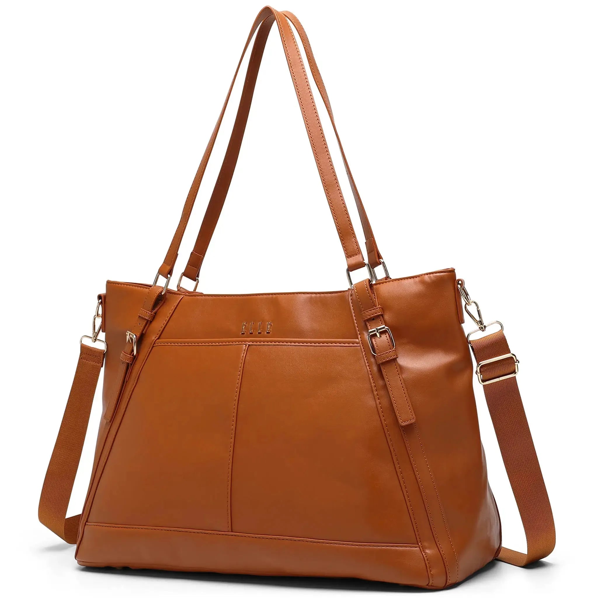 Brown leather handbag with shoulder strap on a white background