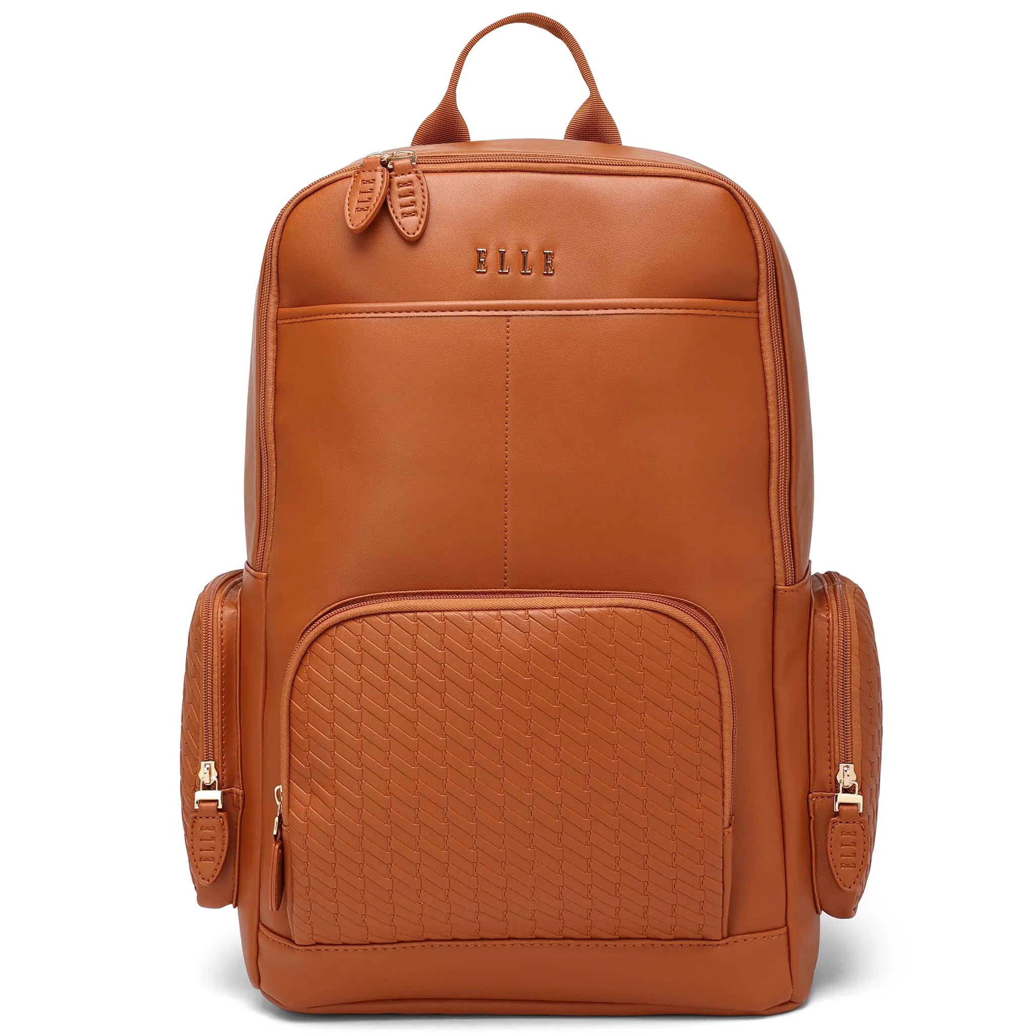 Brown leather backpack with quilted design on a white background