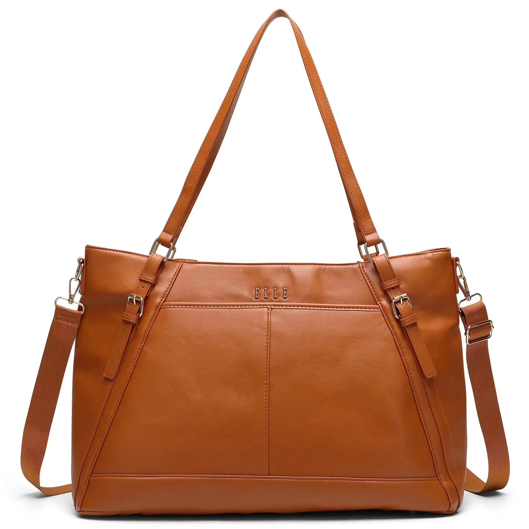 Brown leather handbag with shoulder straps on a white background