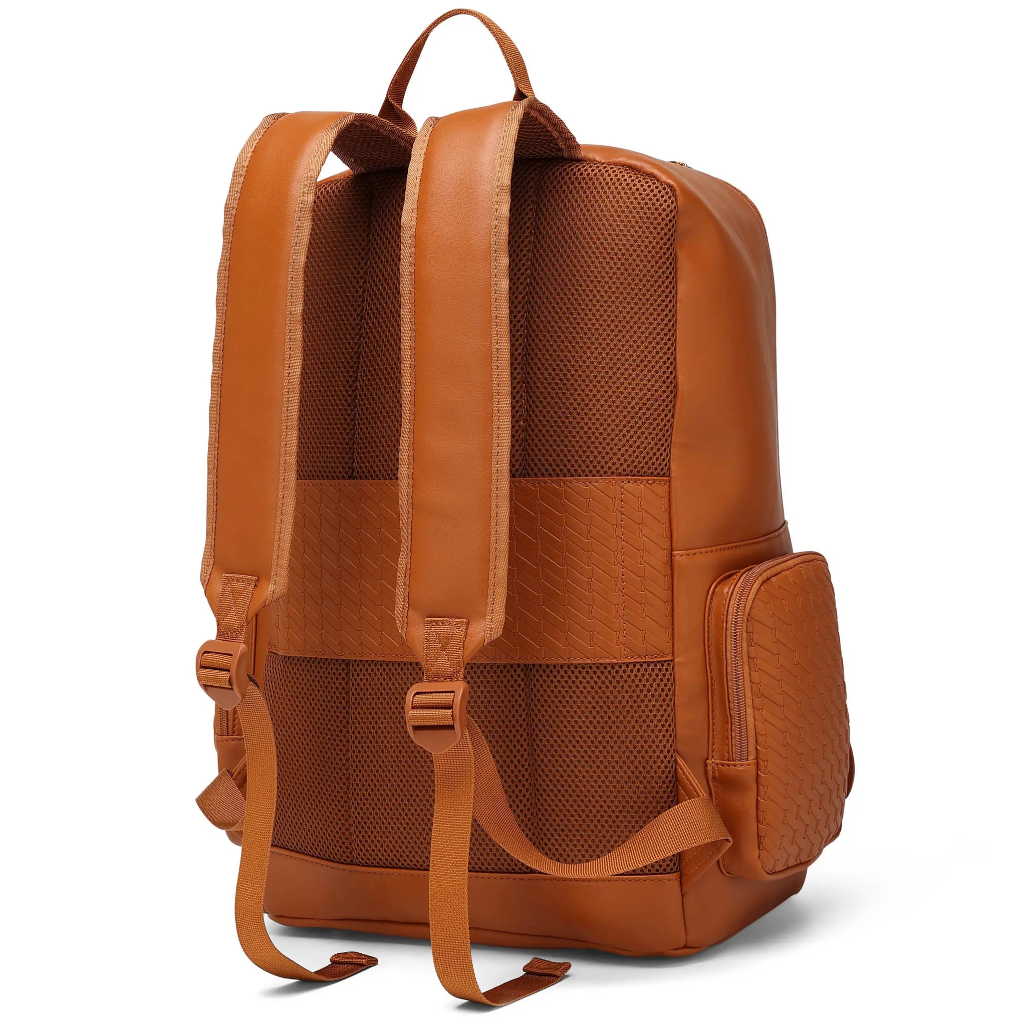 Brown leather backpack on a white background