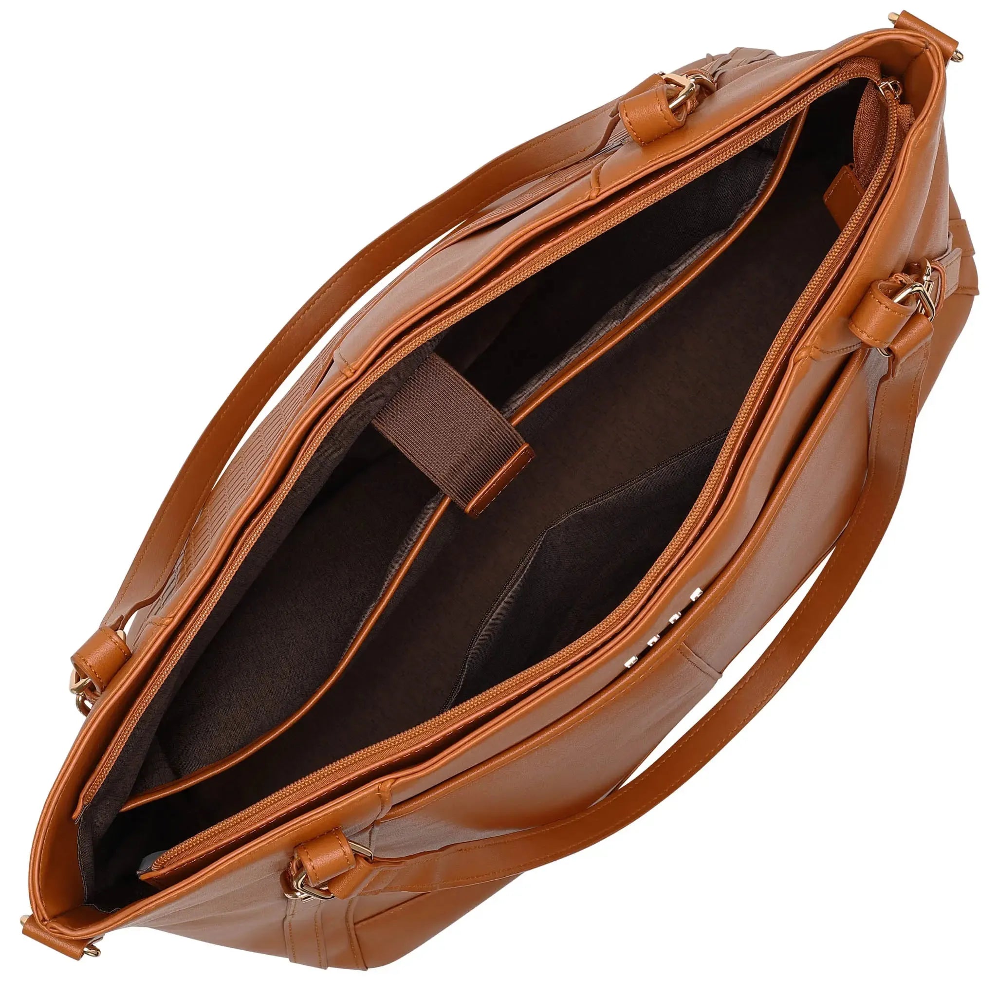 Brown leather handbag with open front compartment on a white background