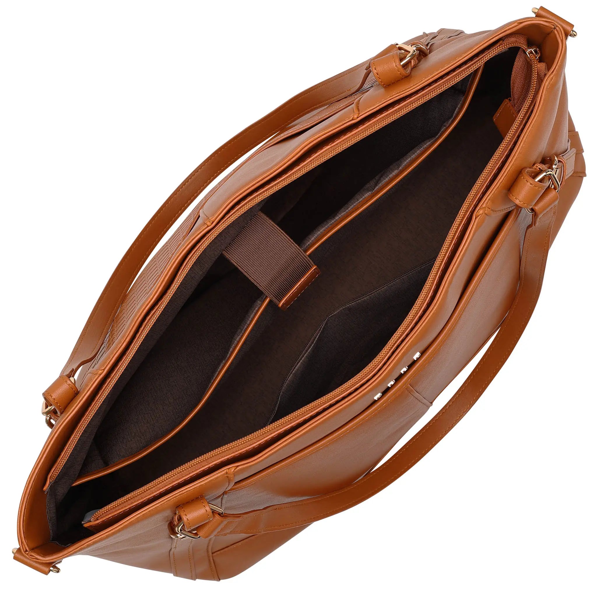 Brown leather handbag with open front compartment on a white background