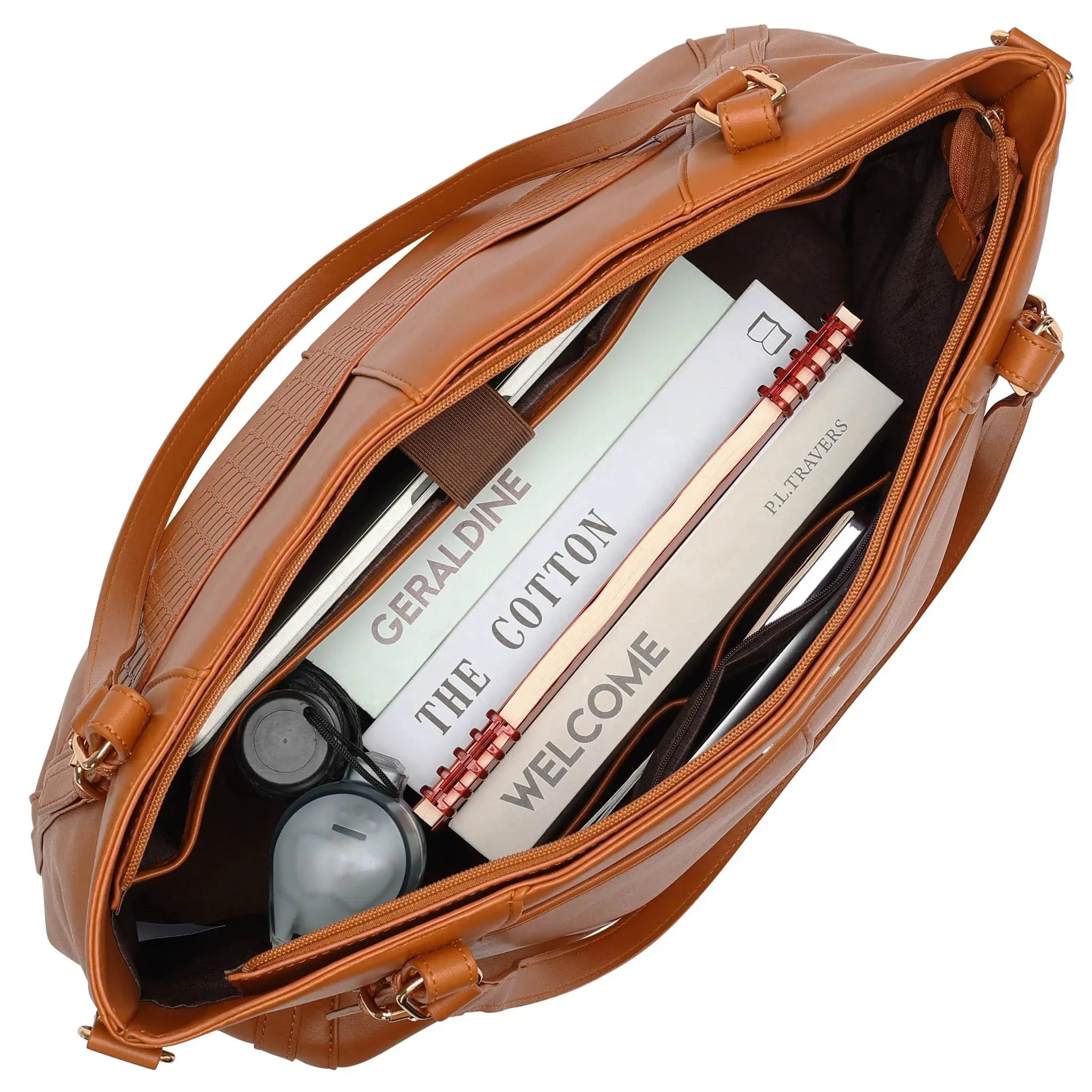 Brown leather bag with books and a pen inside on a white background