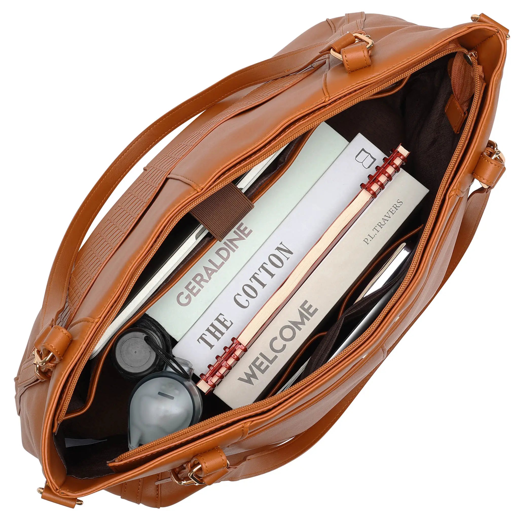 Brown leather bag with books and a pen inside on a white background