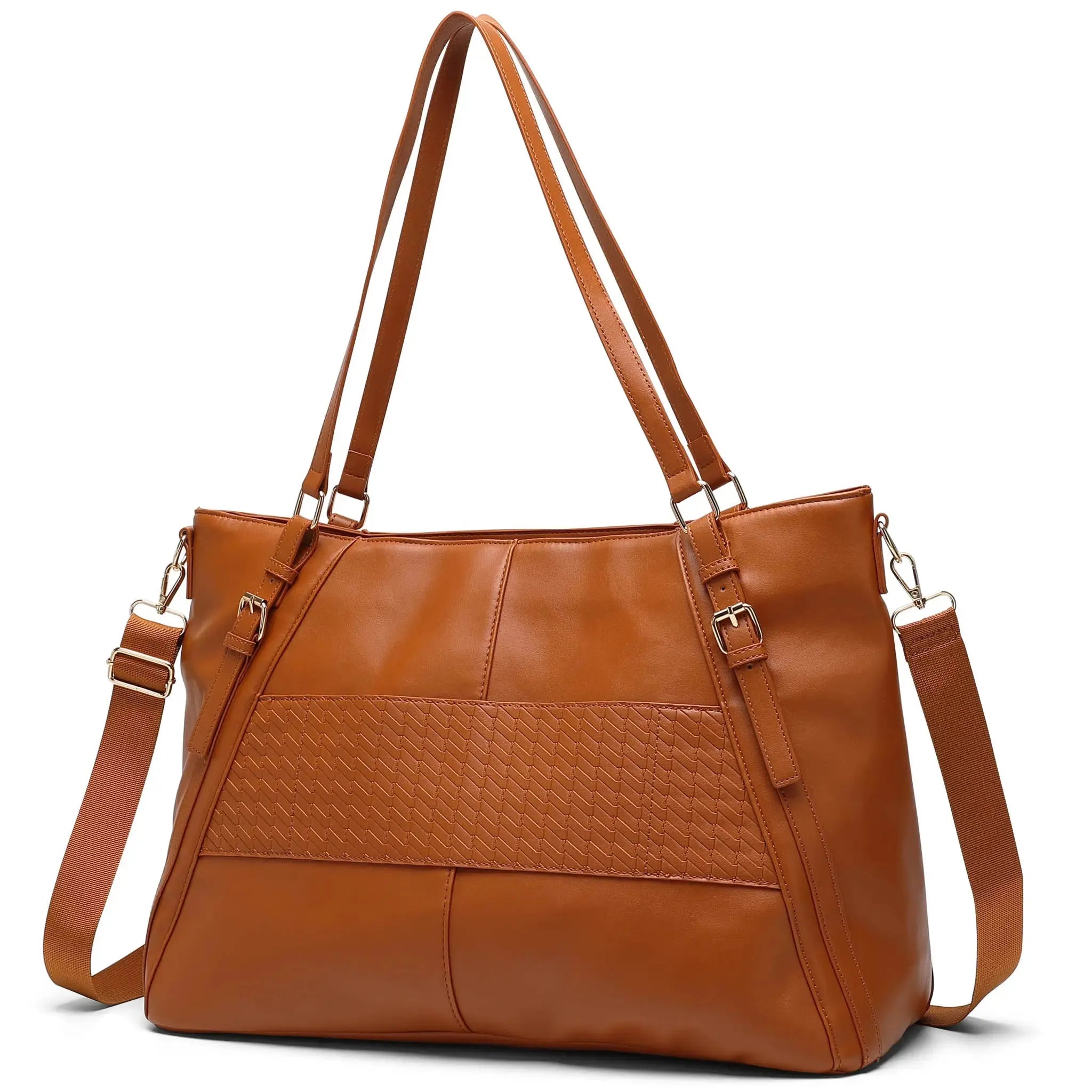 Brown leather handbag with shoulder strap on a white background