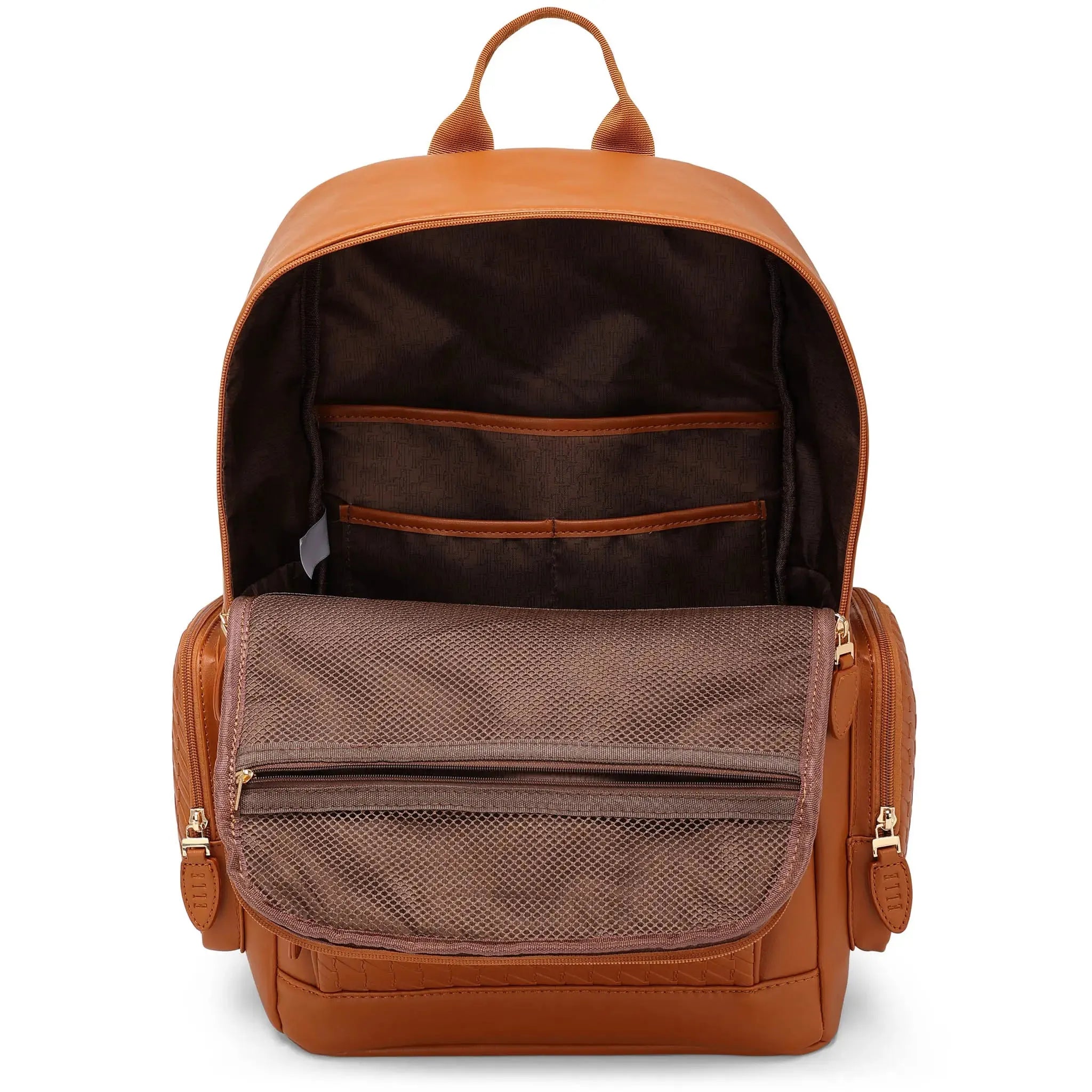 Brown backpack with a front pocket on a white background