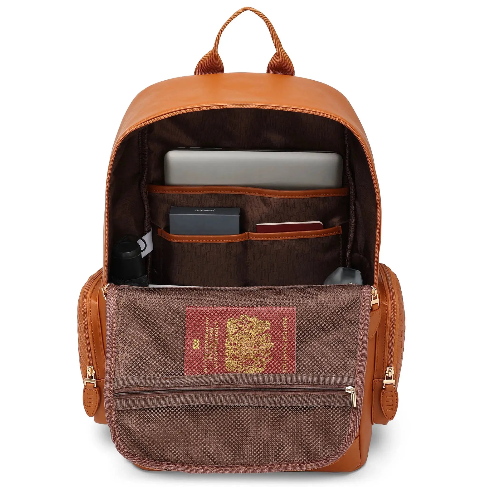 Brown leather backpack with compartments on a white background