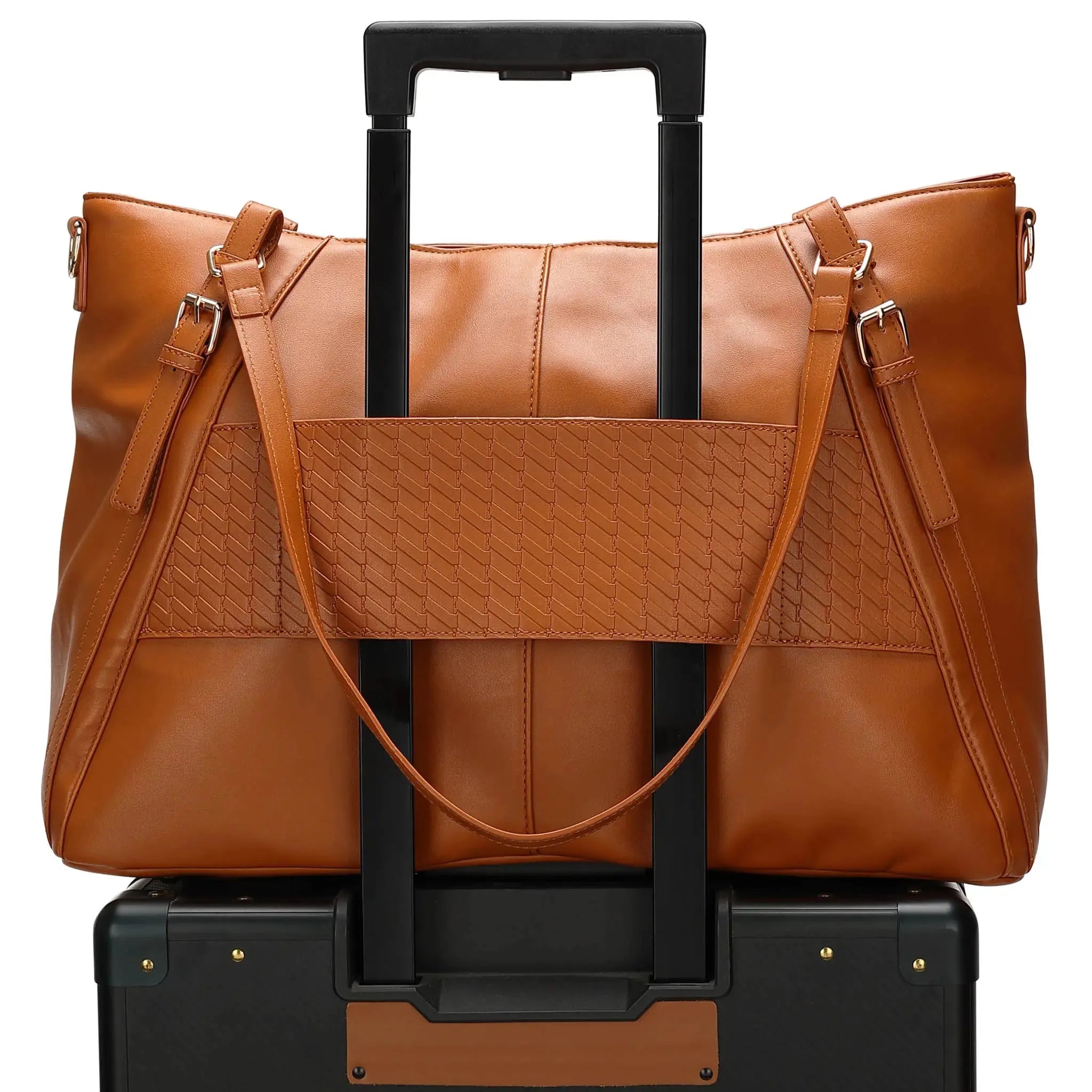 Brown leather bag with a black handle on a white background