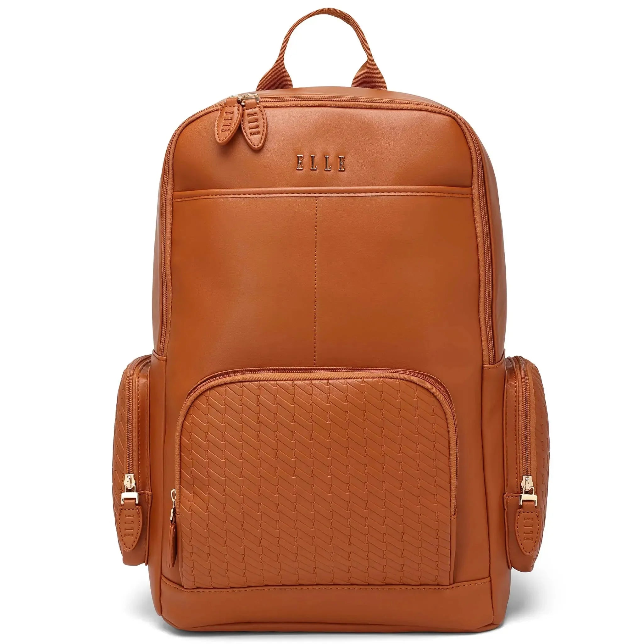 Brown leather backpack with visible brand logo on a white background