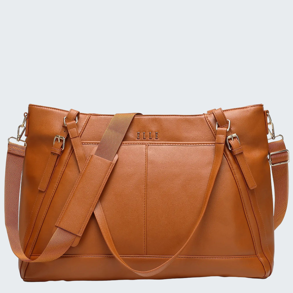 Brown leather handbag with multiple straps on a white background